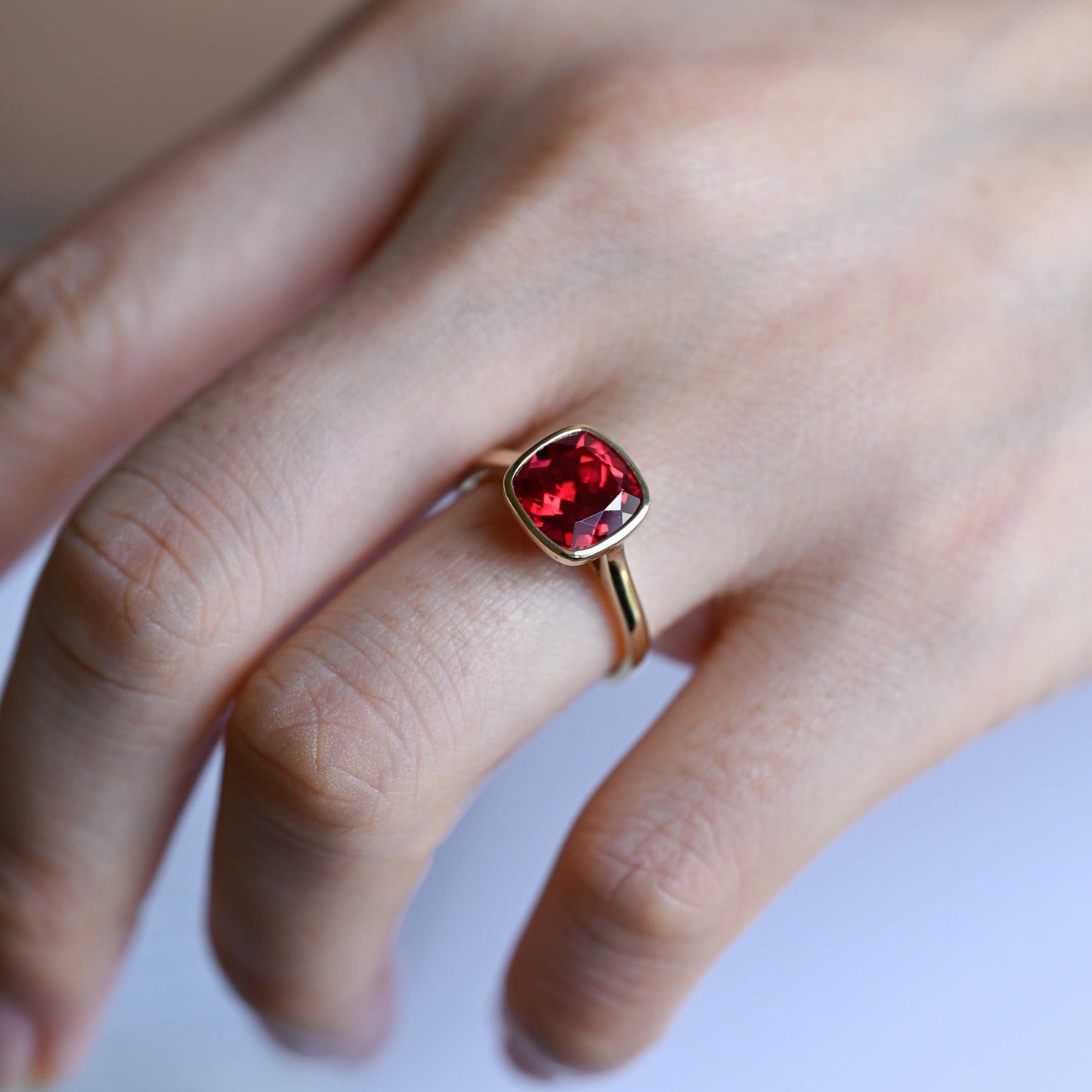 CausYou lab grown sapphire engagement ring CausYou Solid Gold Crushed Ice Lab Grown Ruby Cushion Cut Engagement Ring, Bezel Cathedral Promise Ring, Proposal Ring, Gift for Woman, Wife