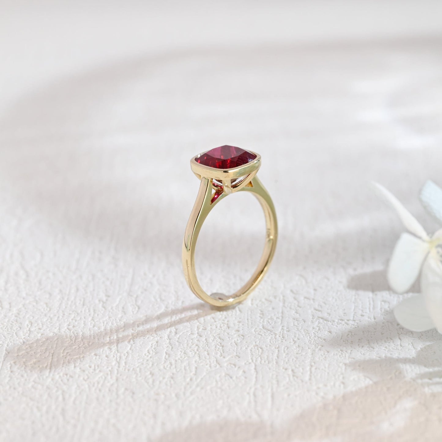 CausYou lab grown sapphire engagement ring CausYou Solid Gold Crushed Ice Lab Grown Ruby Cushion Cut Engagement Ring, Bezel Cathedral Promise Ring, Proposal Ring, Gift for Woman, Wife