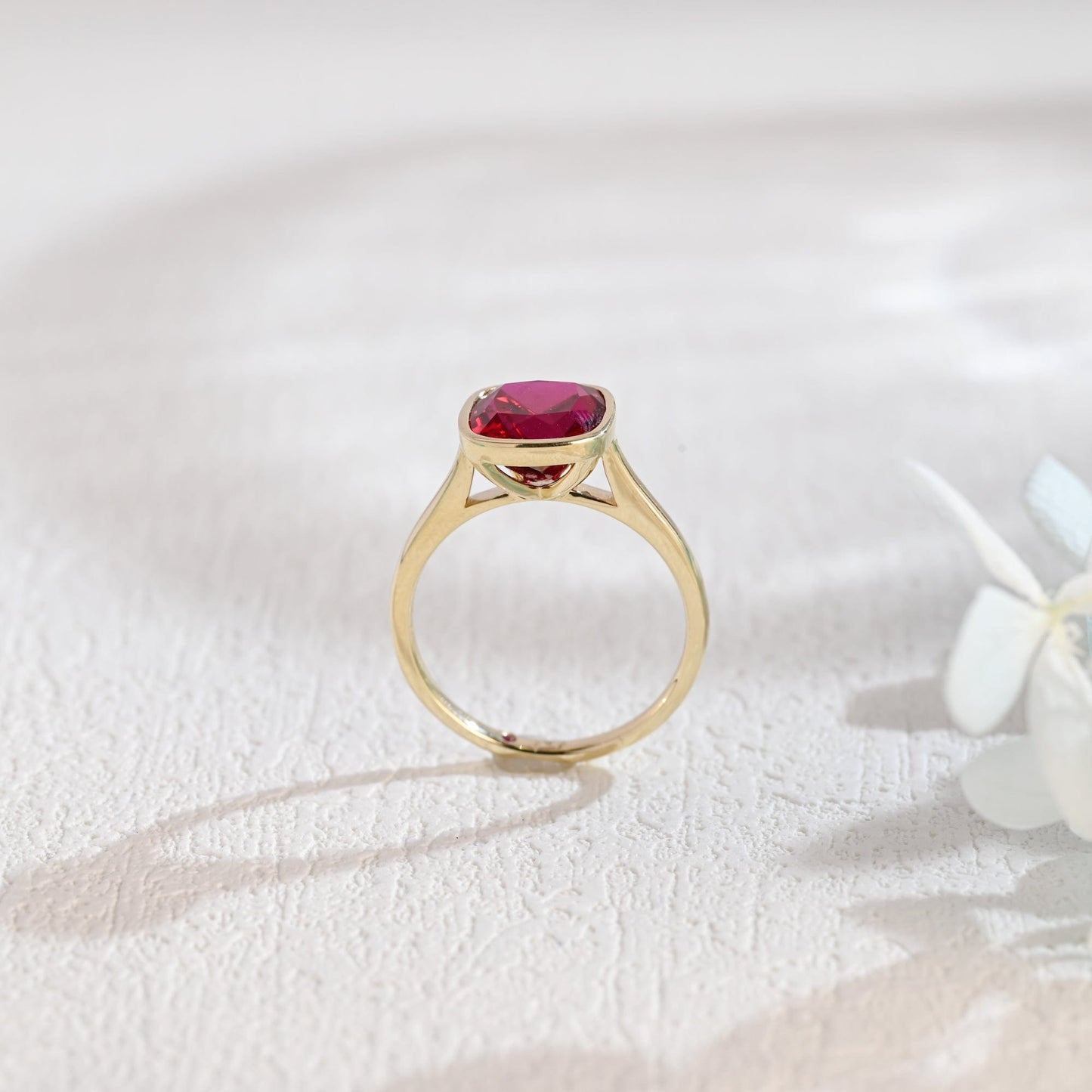 CausYou lab grown sapphire engagement ring CausYou Solid Gold Crushed Ice Lab Grown Ruby Cushion Cut Engagement Ring, Bezel Cathedral Promise Ring, Proposal Ring, Gift for Woman, Wife