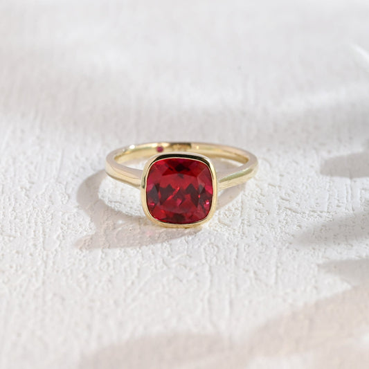 CausYou lab grown sapphire engagement ring CausYou Solid Gold Crushed Ice Lab Grown Ruby Cushion Cut Engagement Ring, Bezel Cathedral Promise Ring, Proposal Ring, Gift for Woman, Wife