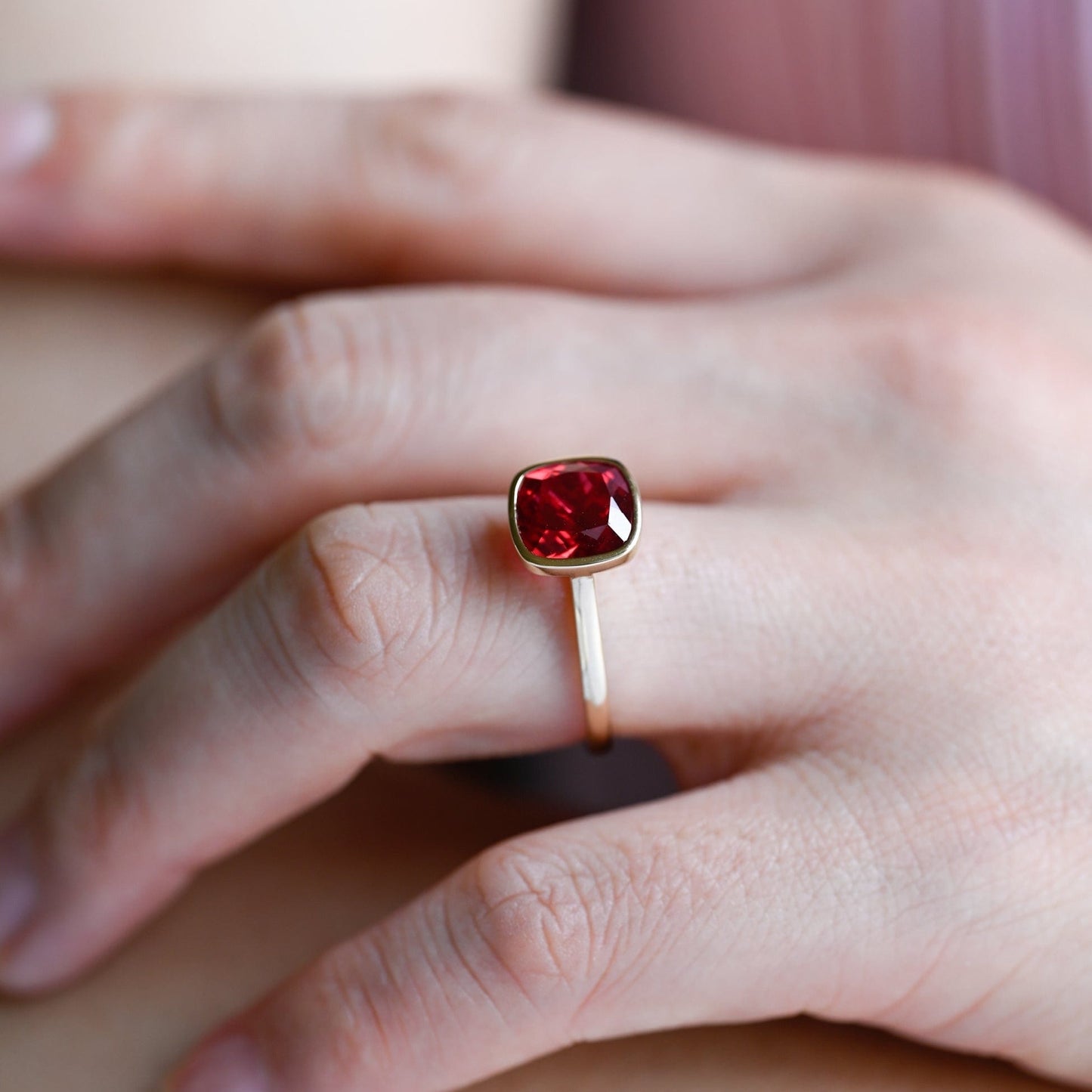 CausYou lab grown sapphire engagement ring CausYou Solid Gold Crushed Ice Lab Grown Ruby Cushion Cut Engagement Ring, Bezel Cathedral Promise Ring, Proposal Ring, Gift for Woman, Wife
