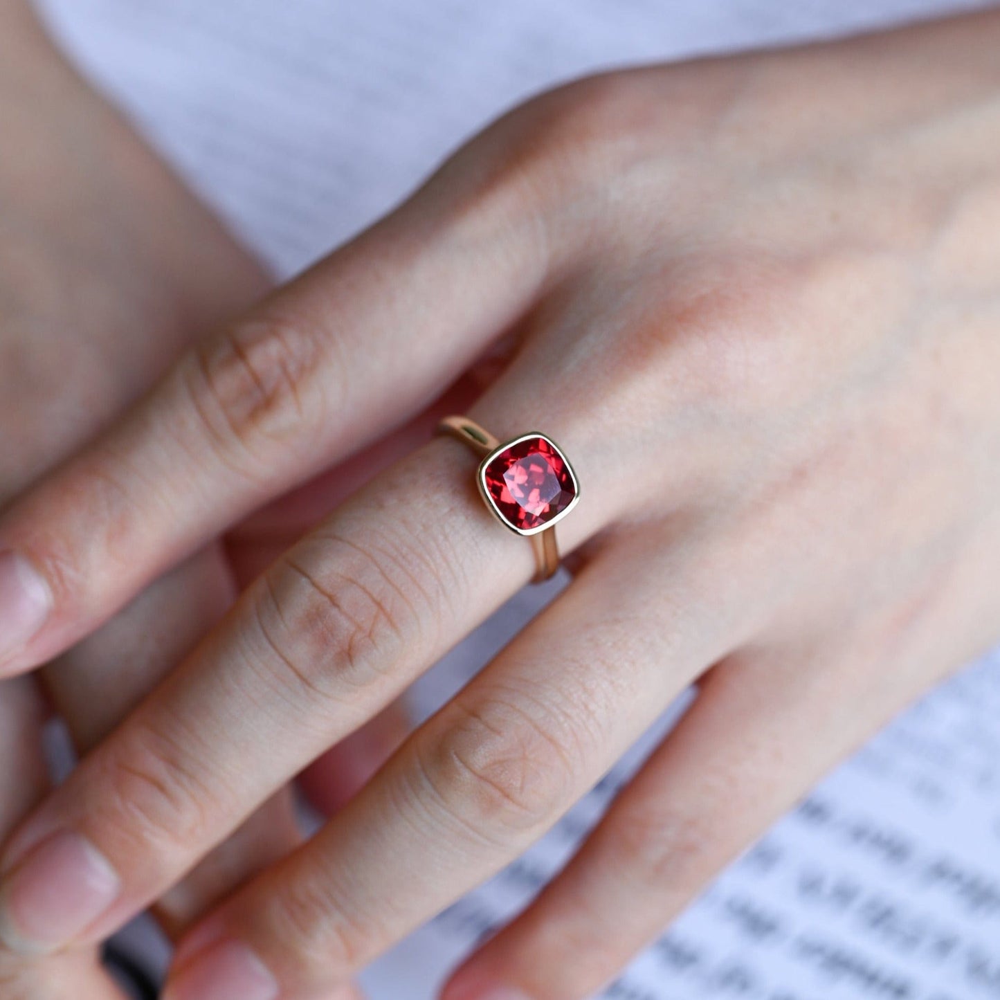 CausYou lab grown sapphire engagement ring CausYou Solid Gold Crushed Ice Lab Grown Ruby Cushion Cut Engagement Ring, Bezel Cathedral Promise Ring, Proposal Ring, Gift for Woman, Wife