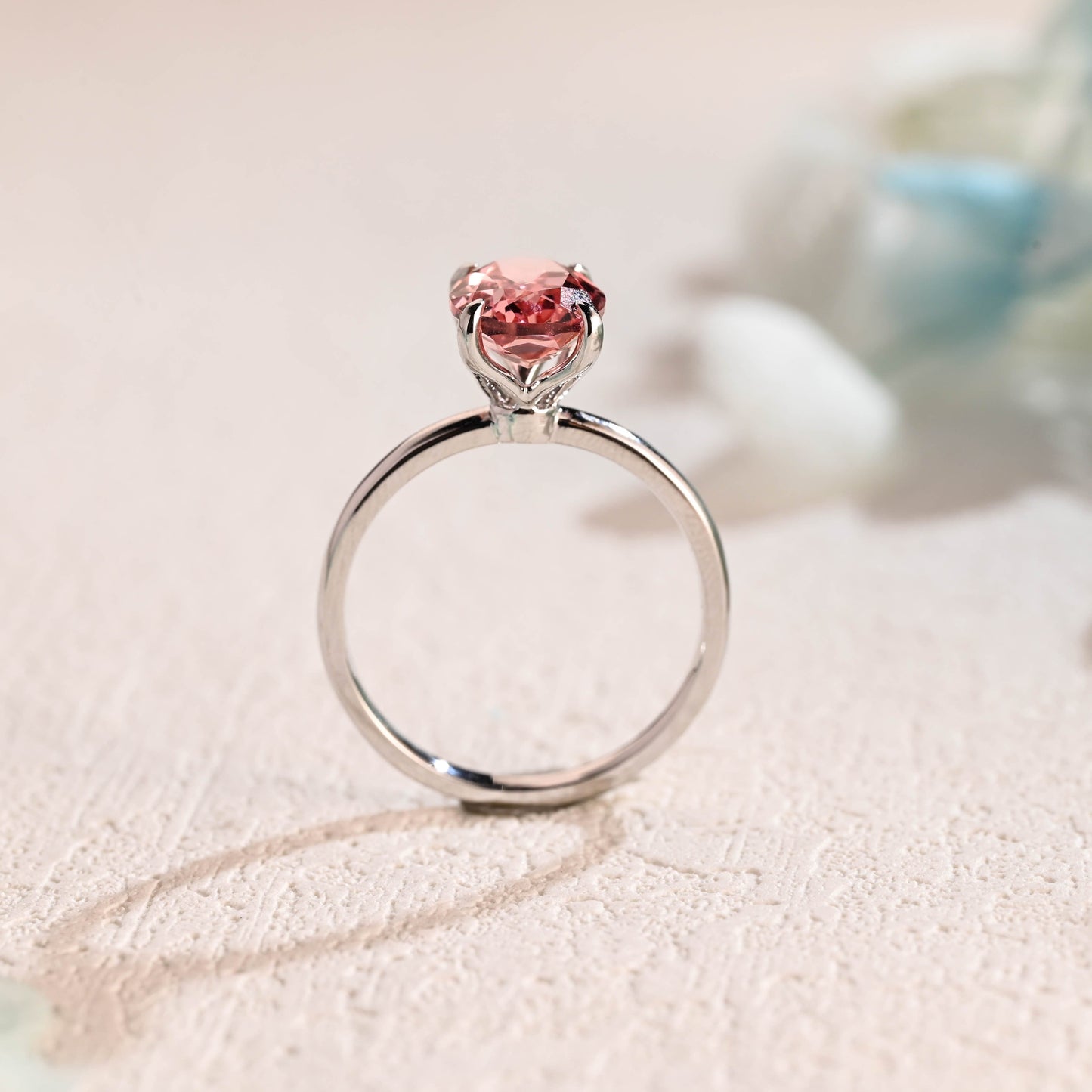 CausYou lab grown sapphire engagement ring CausYou Solid Gold Tulip Oval Cut Lab Grown Pink Sapphire Engagement Ring, Solitaire Promise Ring, Proposal Ring, Gift for Women Wife