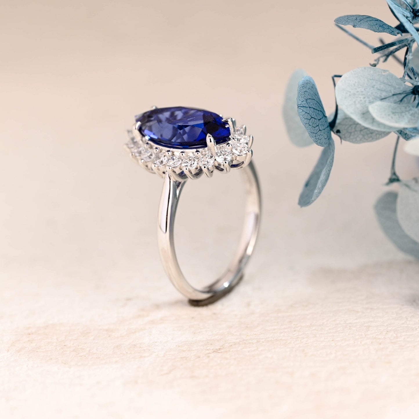 CausYou lab grown sapphire engagement ring Solid Gold Halo Marquise Cut Lab Grown Blue Sapphire Engagement Ring