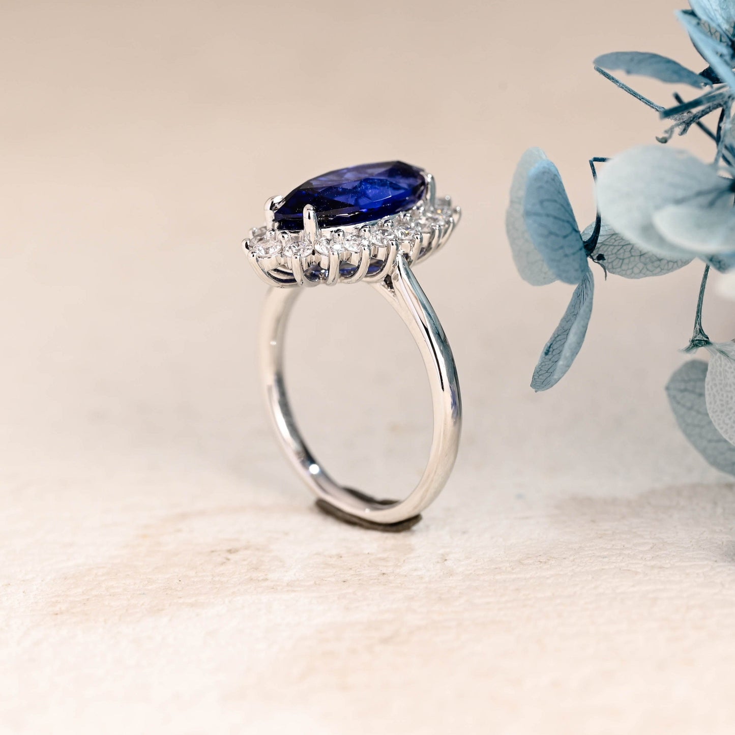 CausYou lab grown sapphire engagement ring Solid Gold Halo Marquise Cut Lab Grown Blue Sapphire Engagement Ring