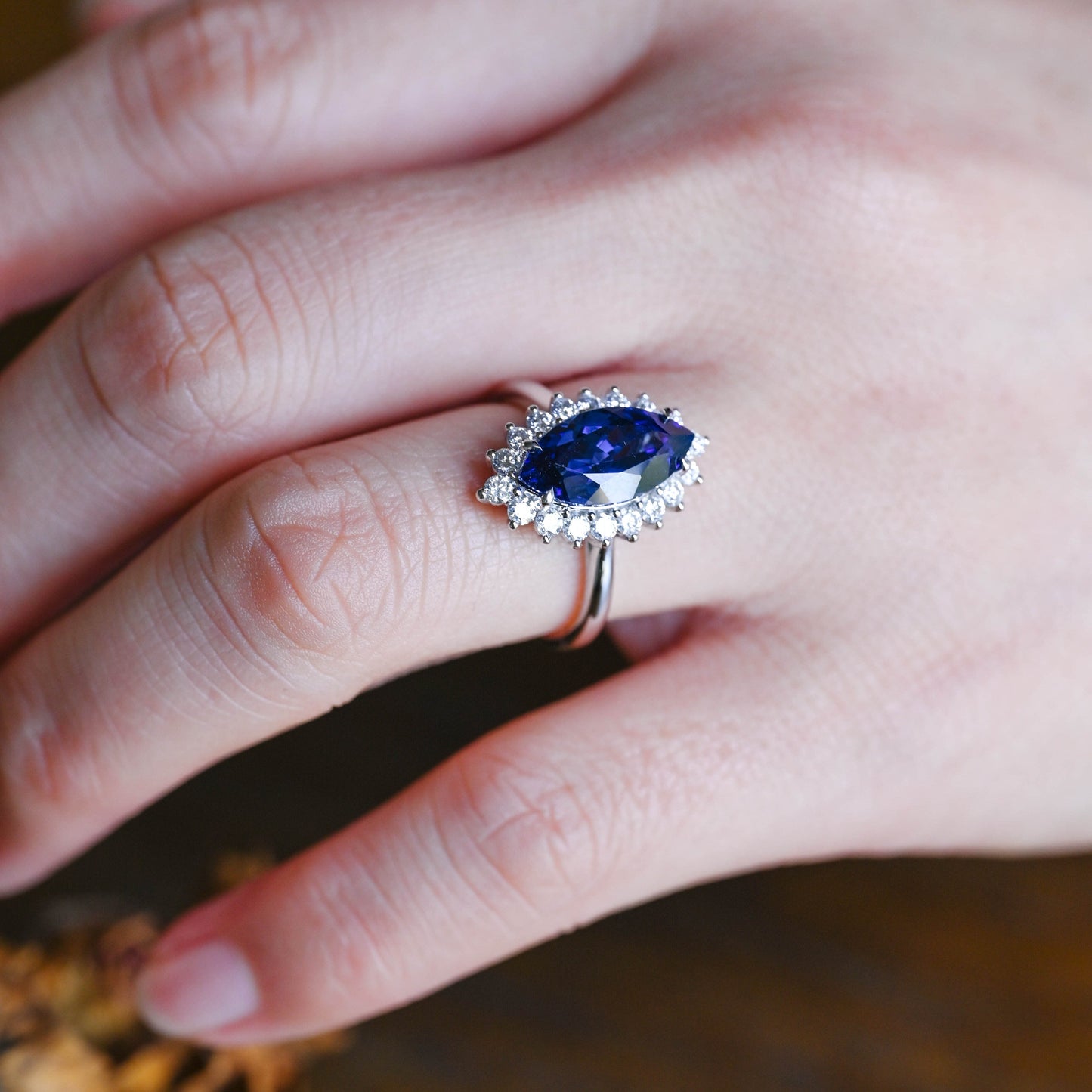 CausYou lab grown sapphire engagement ring Solid Gold Halo Marquise Cut Lab Grown Blue Sapphire Engagement Ring