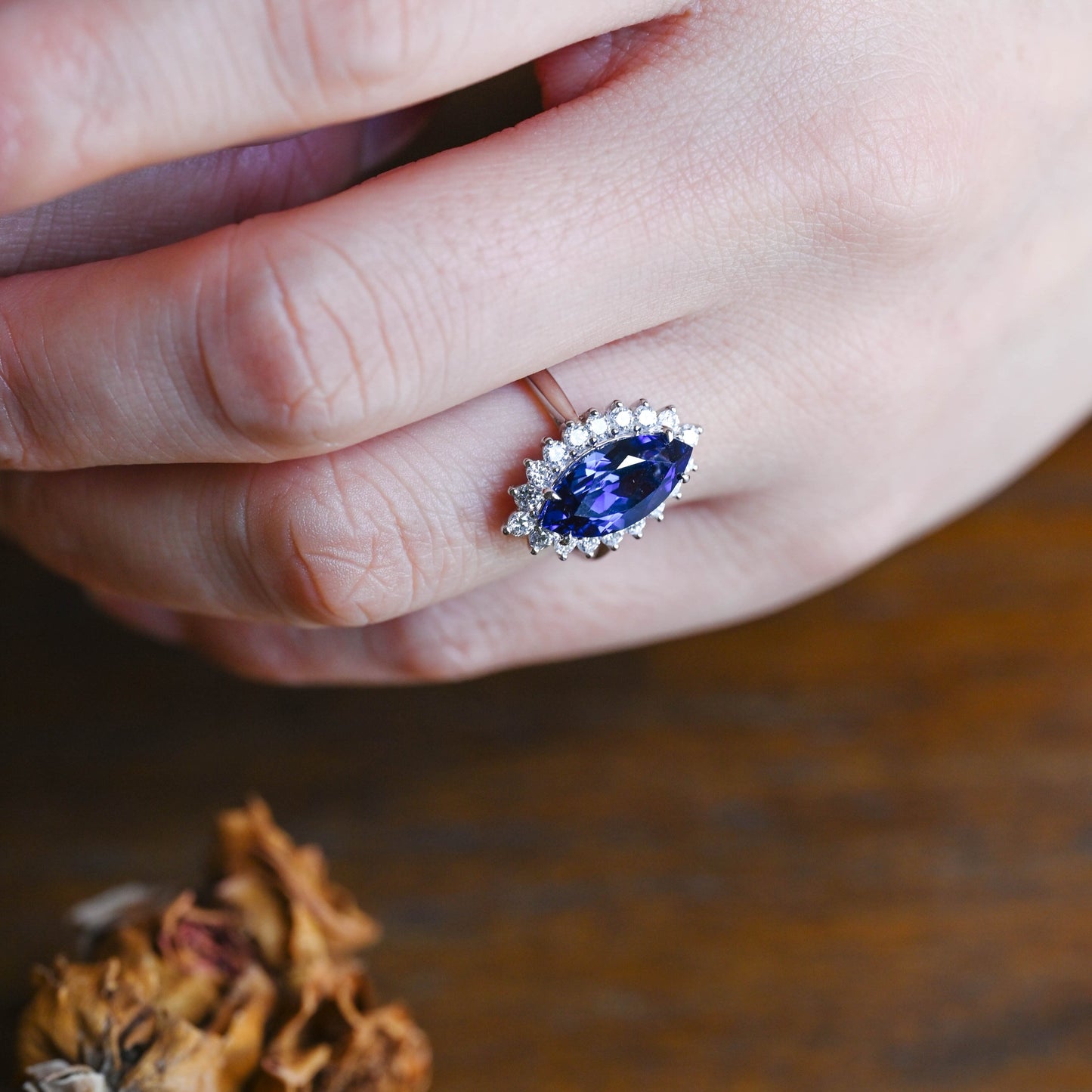 CausYou lab grown sapphire engagement ring Solid Gold Halo Marquise Cut Lab Grown Blue Sapphire Engagement Ring