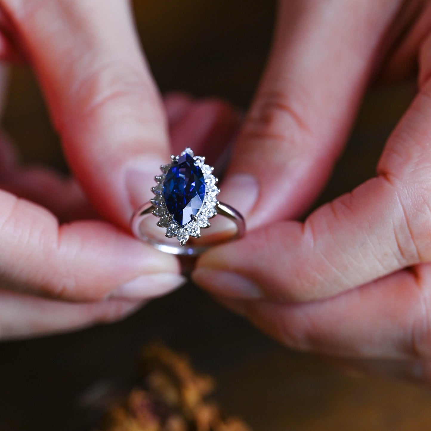 CausYou lab grown sapphire engagement ring Solid Gold Halo Marquise Cut Lab Grown Blue Sapphire Engagement Ring