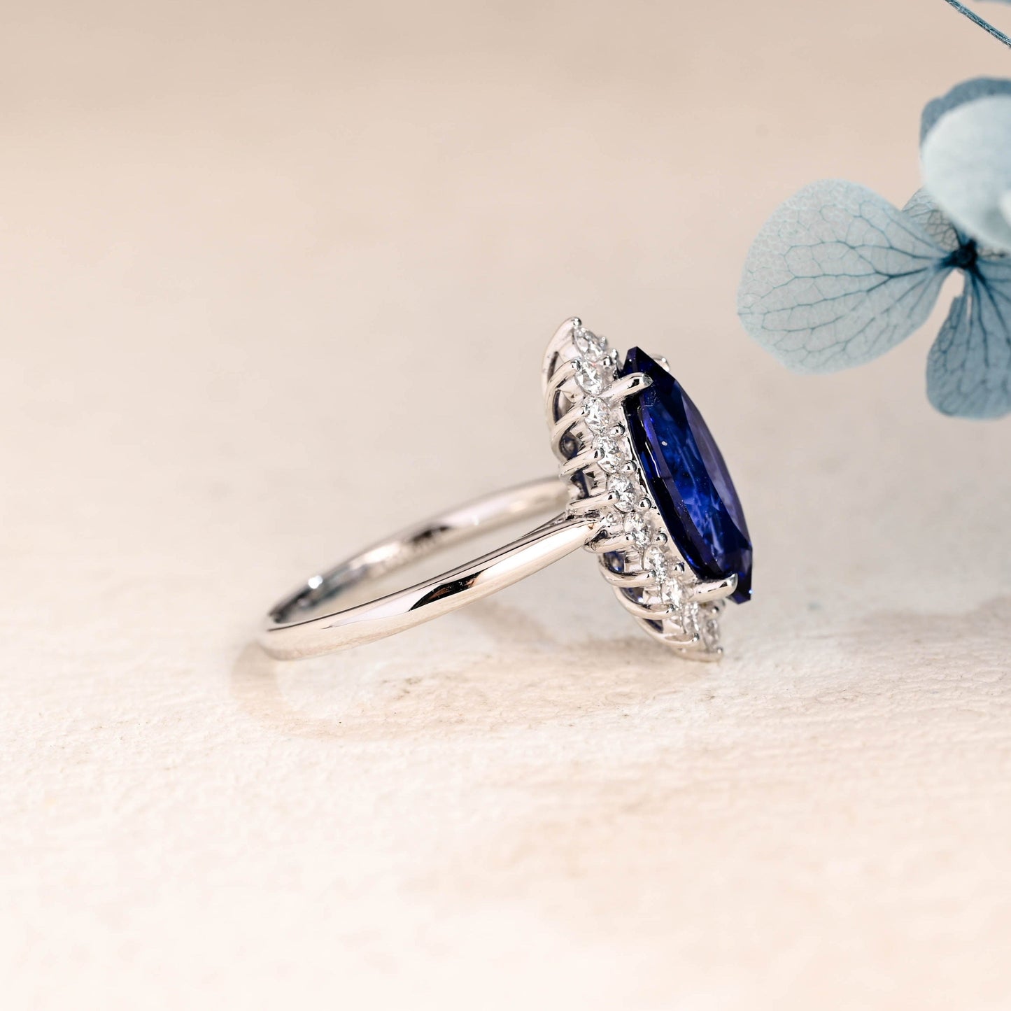 CausYou lab grown sapphire engagement ring Solid Gold Halo Marquise Cut Lab Grown Blue Sapphire Engagement Ring