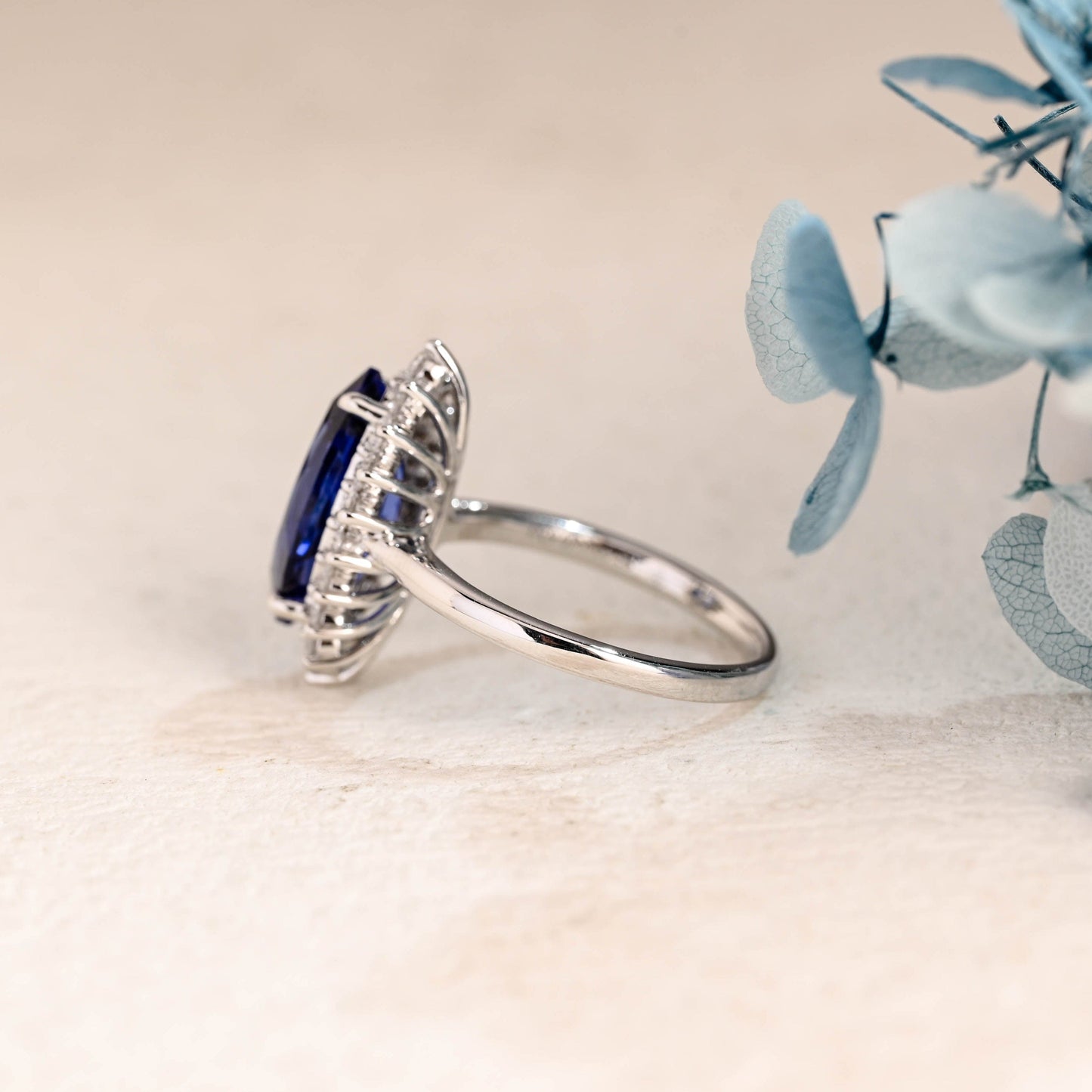 CausYou lab grown sapphire engagement ring Solid Gold Halo Marquise Cut Lab Grown Blue Sapphire Engagement Ring