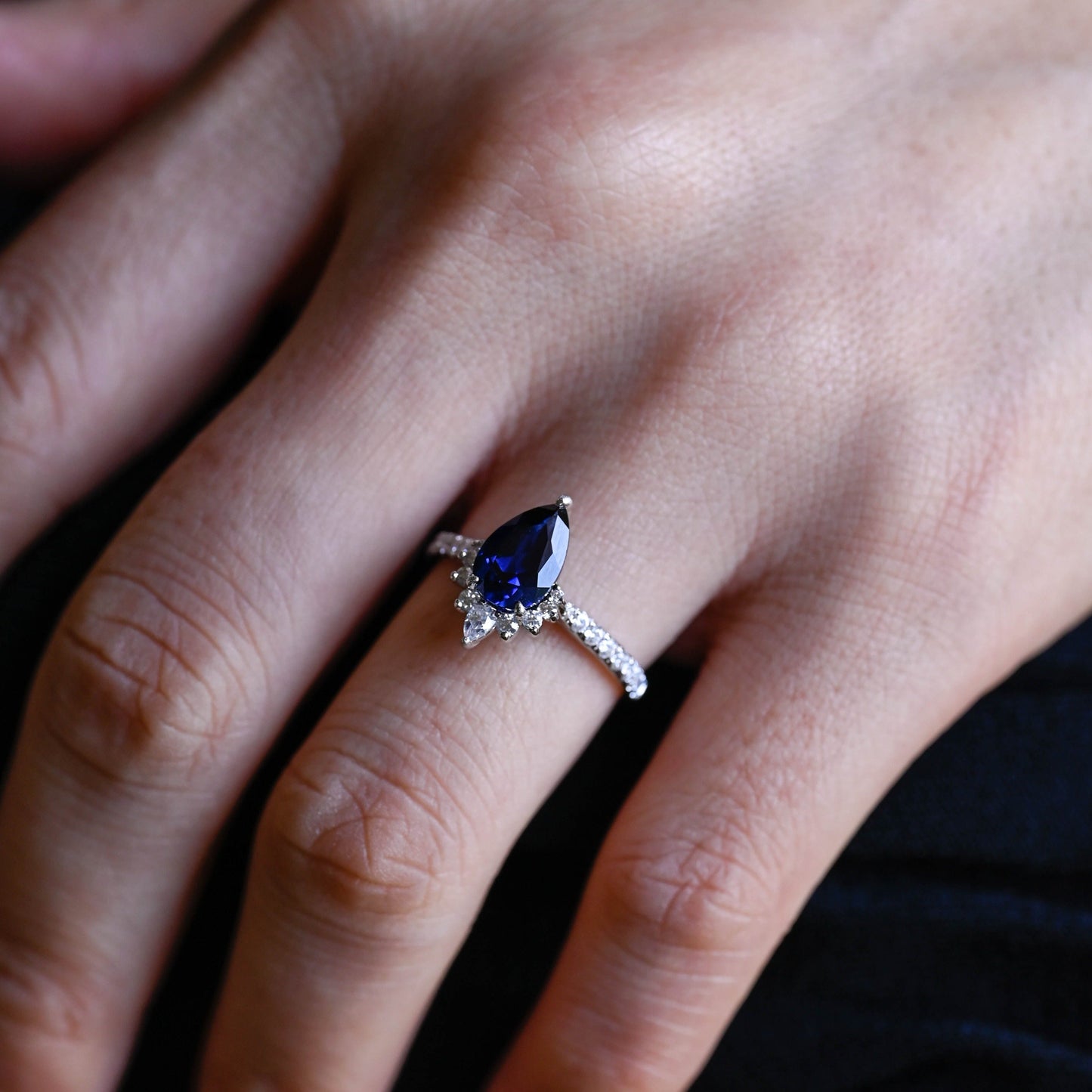 CausYou lab grown sapphire engagement ring Solid Gold Pear Cut Lab Sapphire Engagement Ring, Blue Sapphire Ring