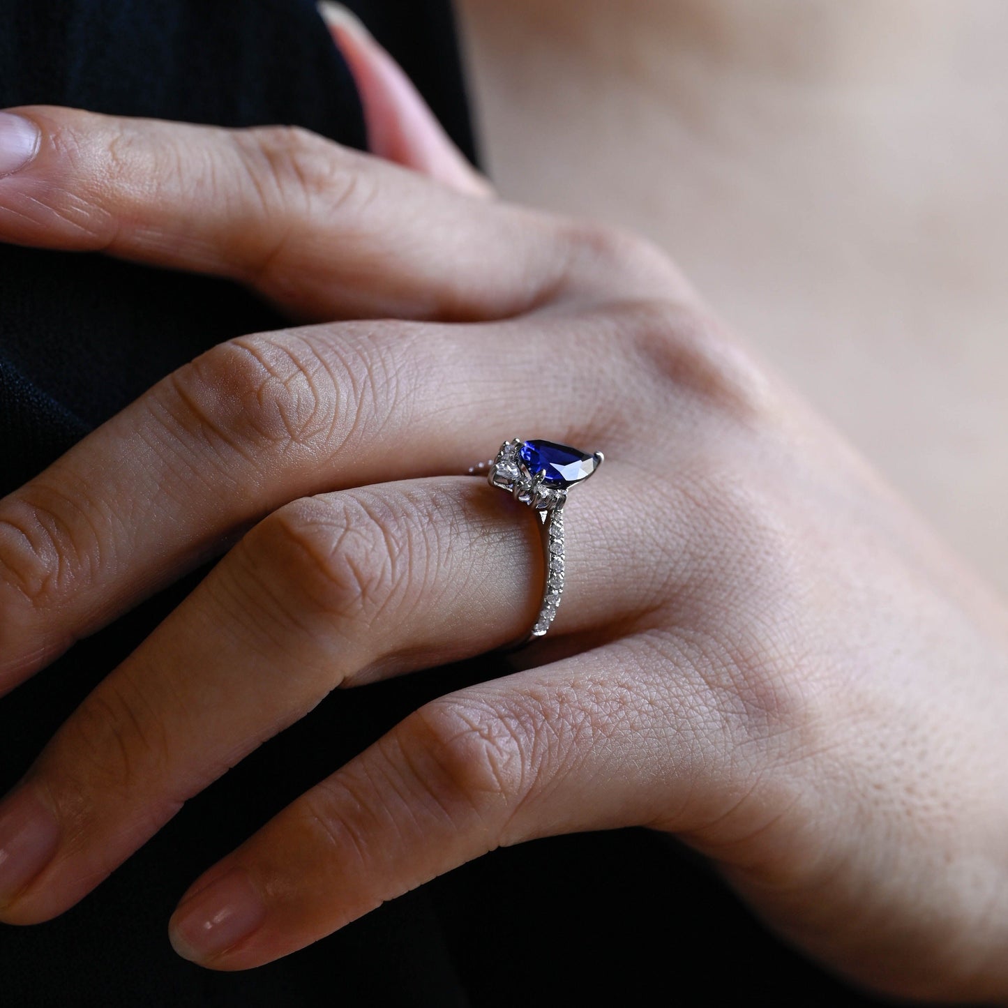 CausYou lab grown sapphire engagement ring Solid Gold Pear Cut Lab Sapphire Engagement Ring, Blue Sapphire Ring