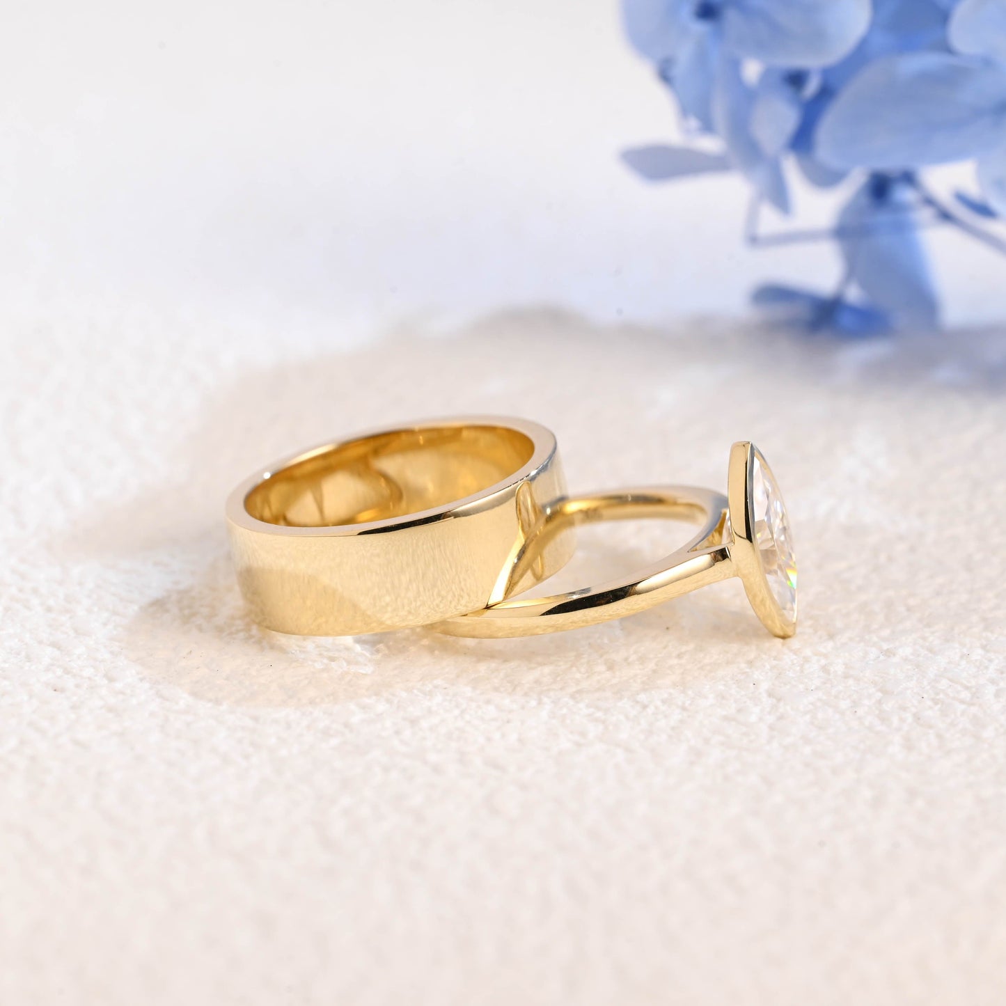 CausYou marquise cut bridal set Solid Gold Bezel Marquise Cut Moissanite Engagement Ring with 6MM Width Cigar Wedding Band, Bridal Set