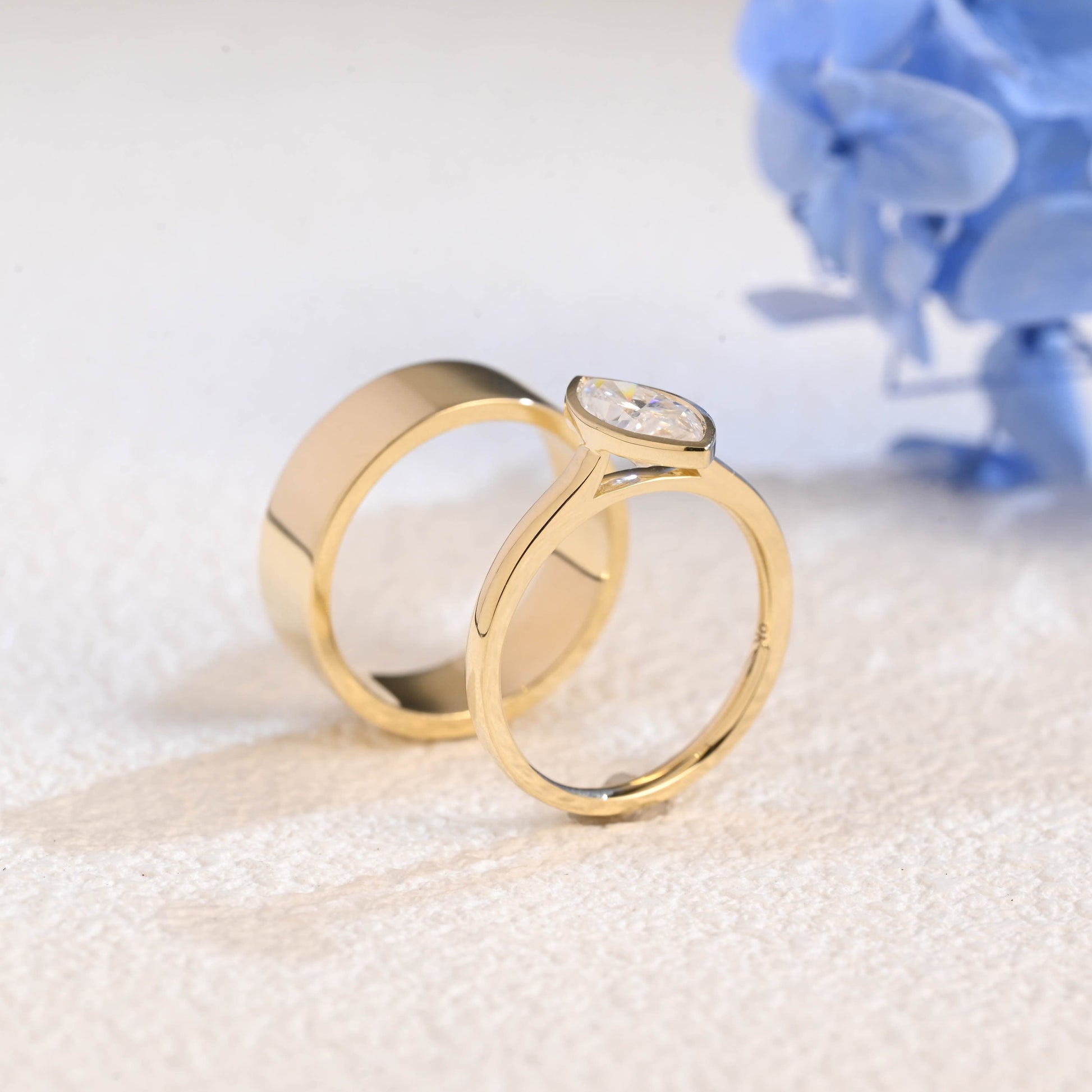 CausYou marquise cut bridal set Solid Gold Bezel Marquise Cut Moissanite Engagement Ring with 6MM Width Cigar Wedding Band, Bridal Set
