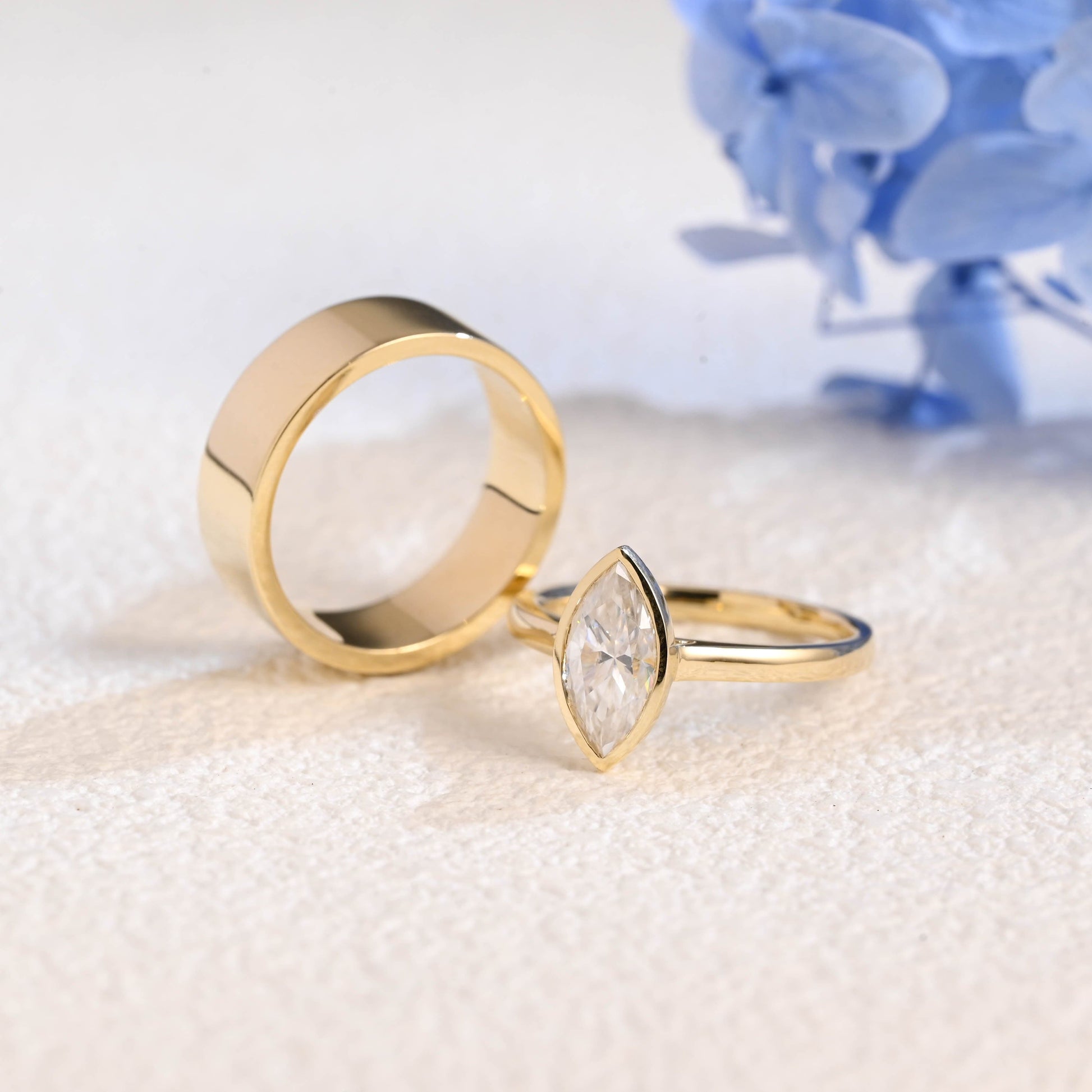 CausYou marquise cut bridal set Solid Gold Bezel Marquise Cut Moissanite Engagement Ring with 6MM Width Cigar Wedding Band, Bridal Set