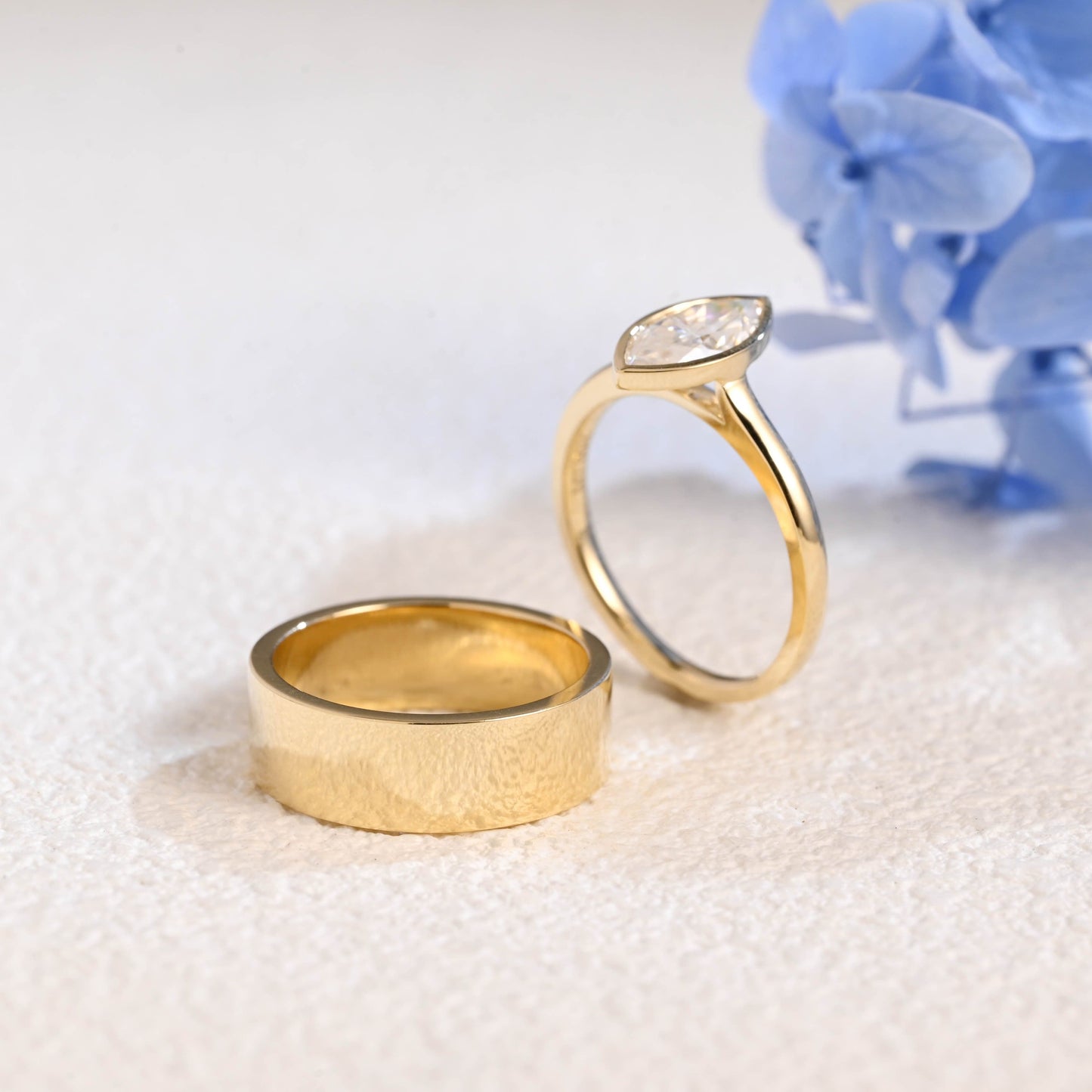 CausYou marquise cut bridal set Solid Gold Bezel Marquise Cut Moissanite Engagement Ring with 6MM Width Cigar Wedding Band, Bridal Set