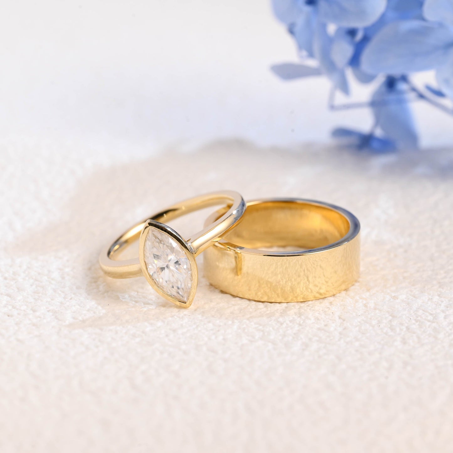 CausYou marquise cut bridal set Solid Gold Bezel Marquise Cut Moissanite Engagement Ring with 6MM Width Cigar Wedding Band, Bridal Set