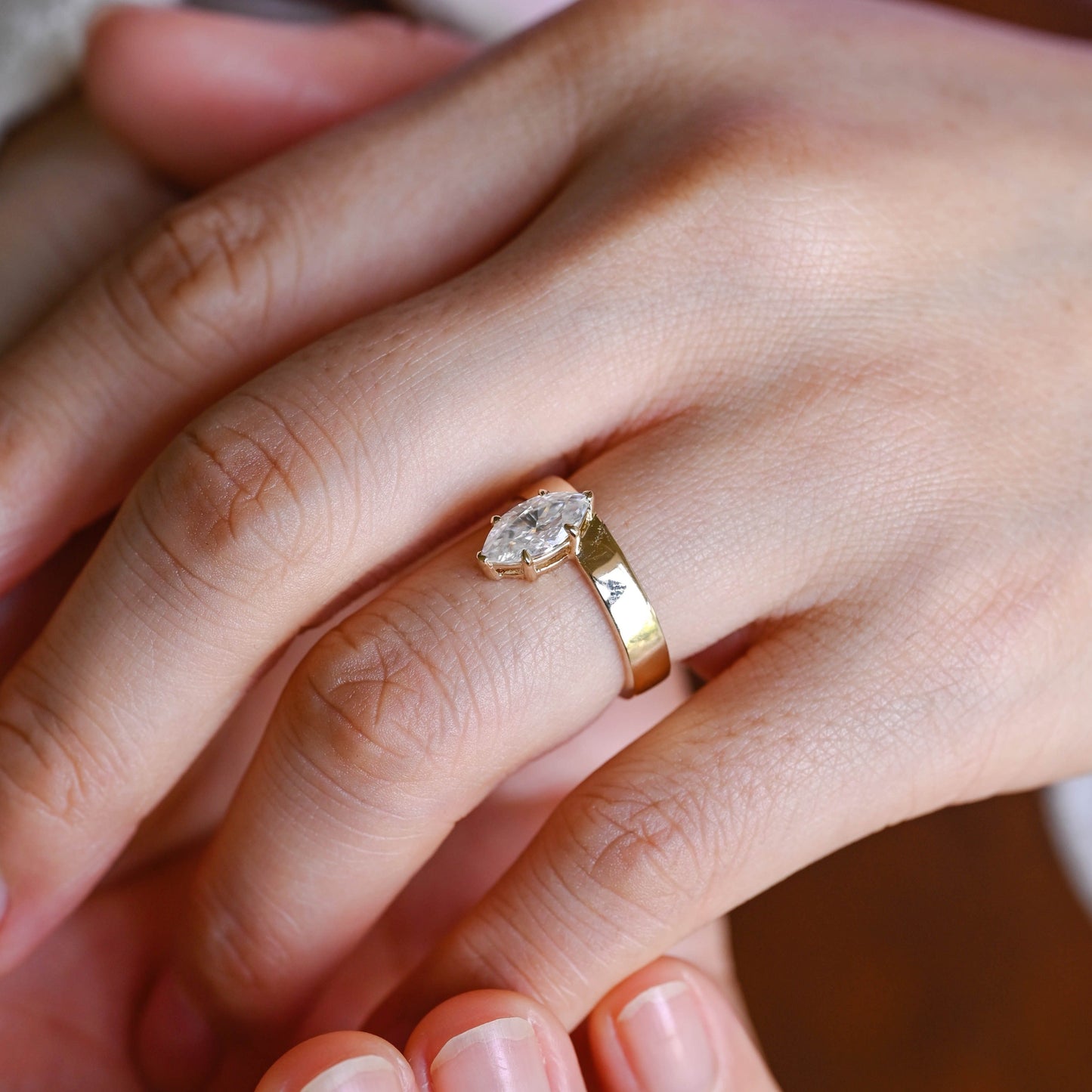 CausYou marquise cut diamond engagement ring CausYou Solid Gold D/VS1 Off-Center Marquise Cut Lab Grown Diamond Ring, Cigar Band Wedding Ring