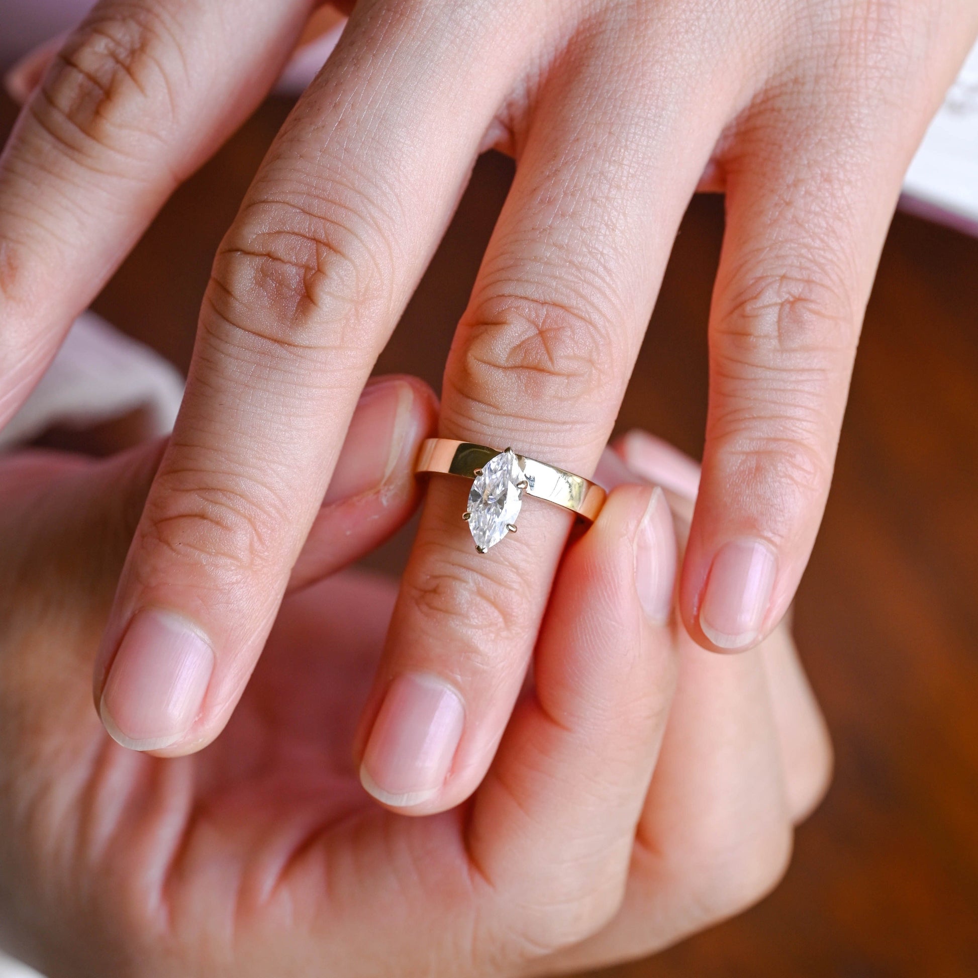 CausYou marquise cut diamond engagement ring CausYou Solid Gold D/VS1 Off-Center Marquise Cut Lab Grown Diamond Ring, Cigar Band Wedding Ring