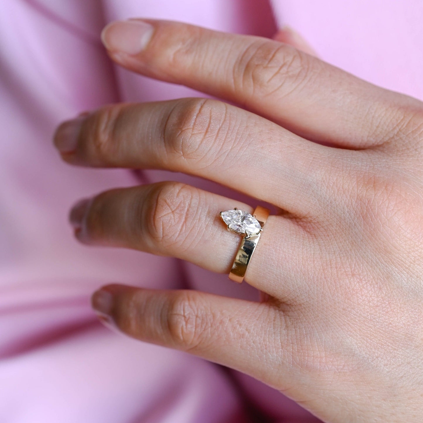 CausYou marquise cut diamond engagement ring CausYou Solid Gold D/VS1 Off-Center Marquise Cut Lab Grown Diamond Ring, Cigar Band Wedding Ring