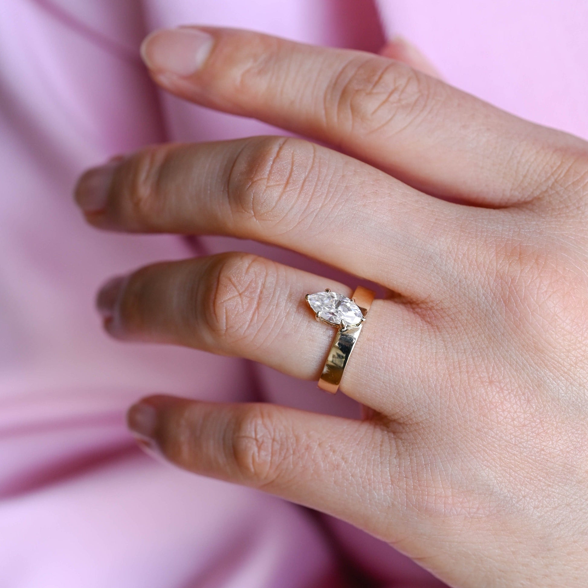 CausYou marquise cut diamond engagement ring CausYou Solid Gold D/VS1 Off-Center Marquise Cut Lab Grown Diamond Ring, Cigar Band Wedding Ring