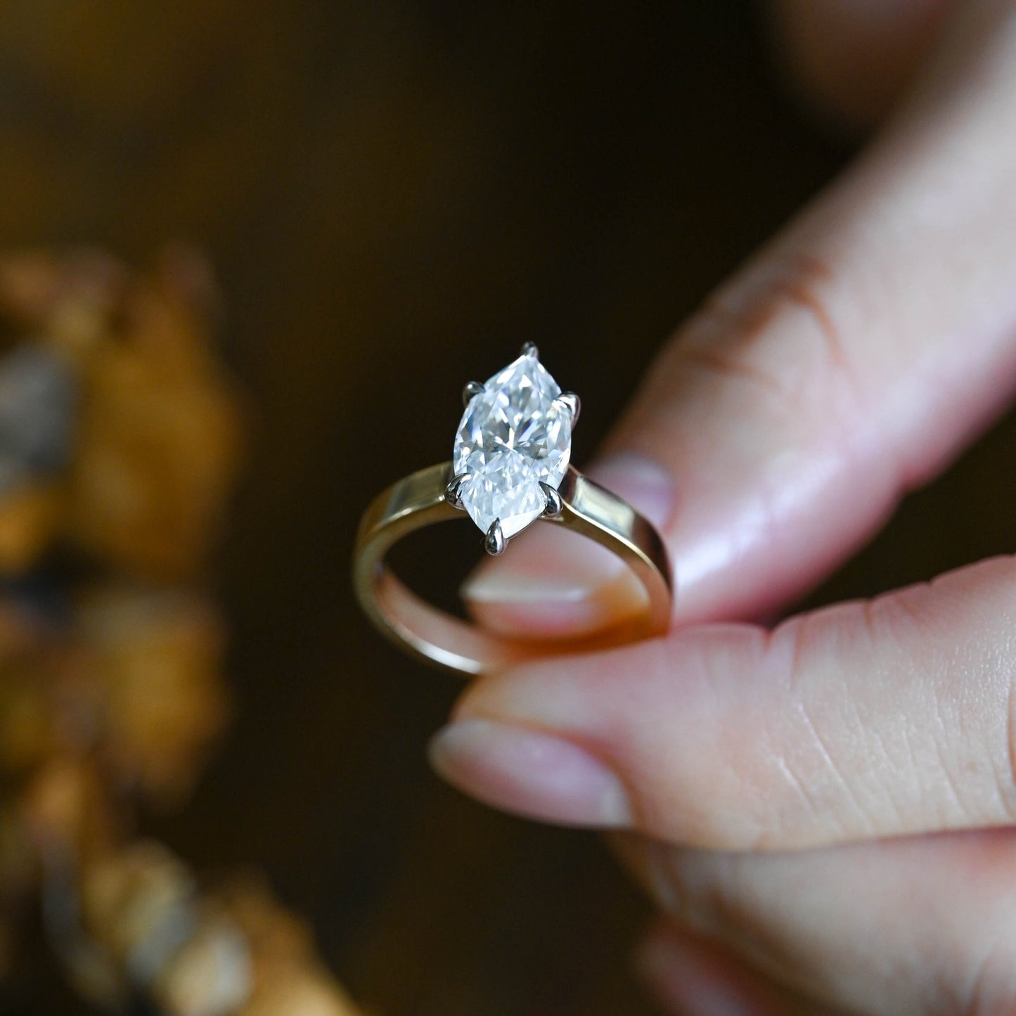 CausYou Marquise cut moissanite engagement ring Solid Gold 3mm Width Two Tone Marquise Cut Moissanite Engagement Ring