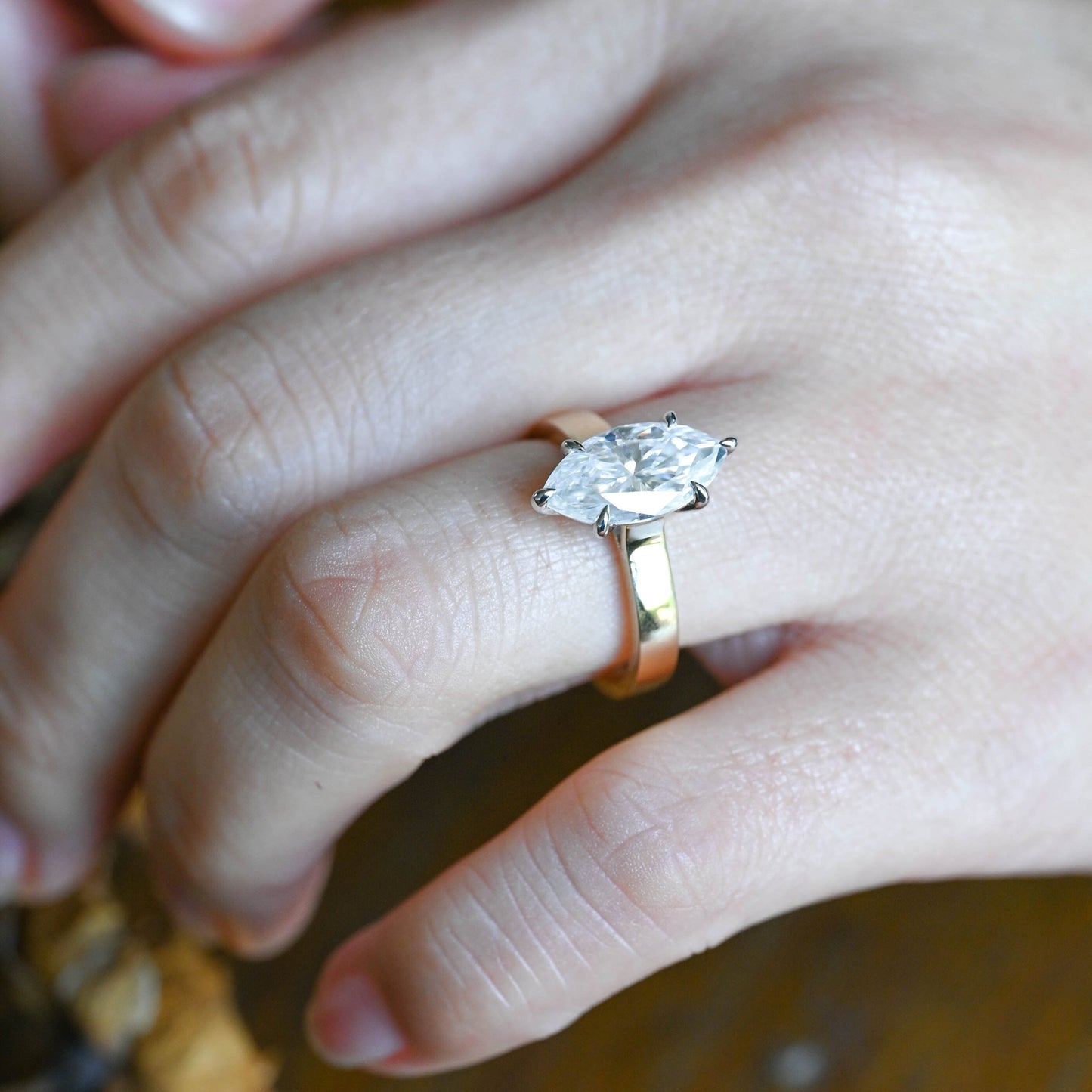 CausYou Marquise cut moissanite engagement ring Solid Gold 3mm Width Two Tone Marquise Cut Moissanite Engagement Ring