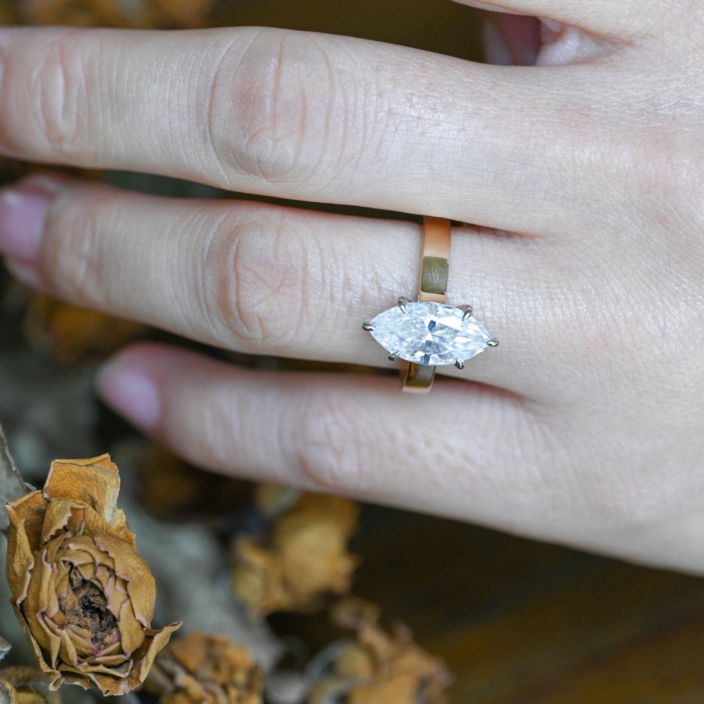 CausYou Marquise cut moissanite engagement ring Solid Gold 3mm Width Two Tone Marquise Cut Moissanite Engagement Ring