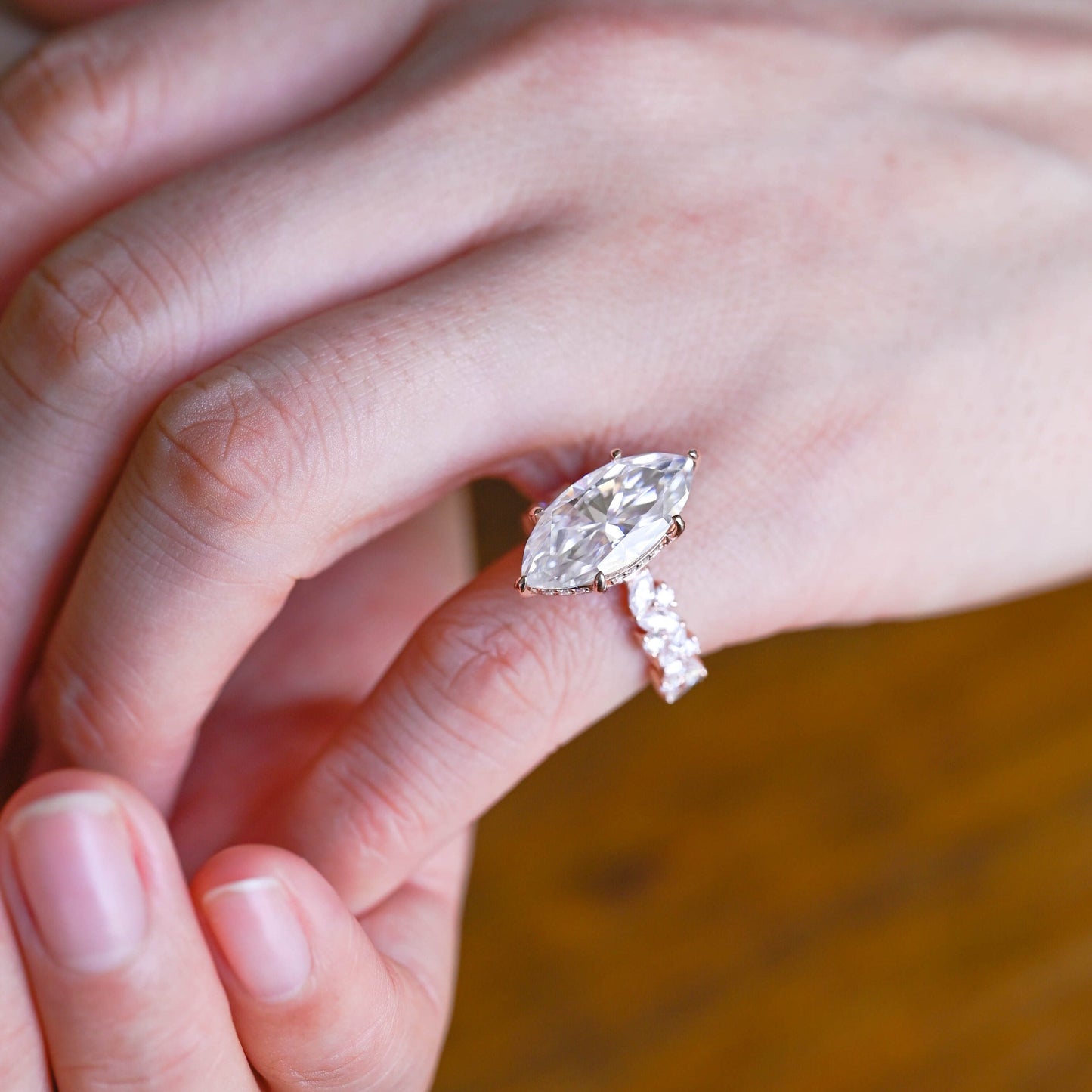 CausYou Marquise cut moissanite engagement ring Solid Gold Hidden Halo Marquise Cut Moissanite Engagement Ring