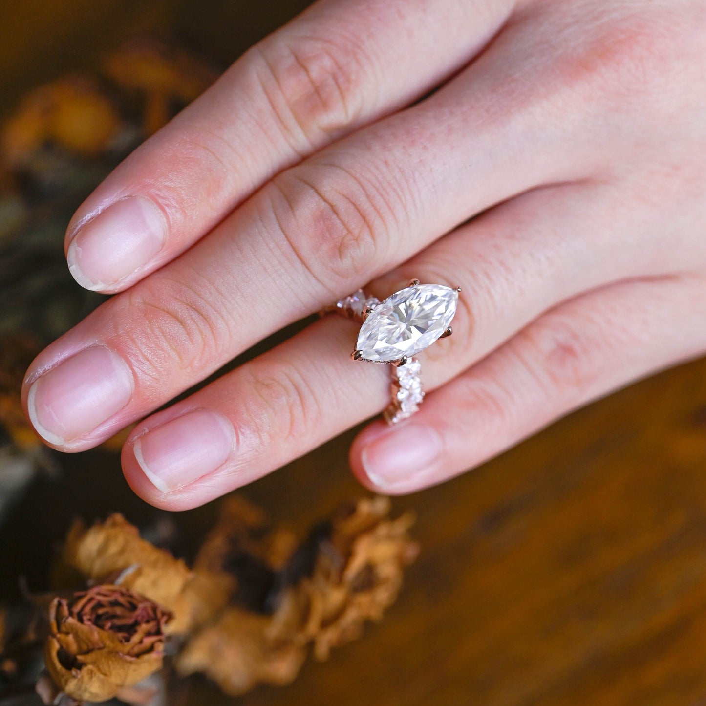 CausYou Marquise cut moissanite engagement ring Solid Gold Hidden Halo Marquise Cut Moissanite Engagement Ring
