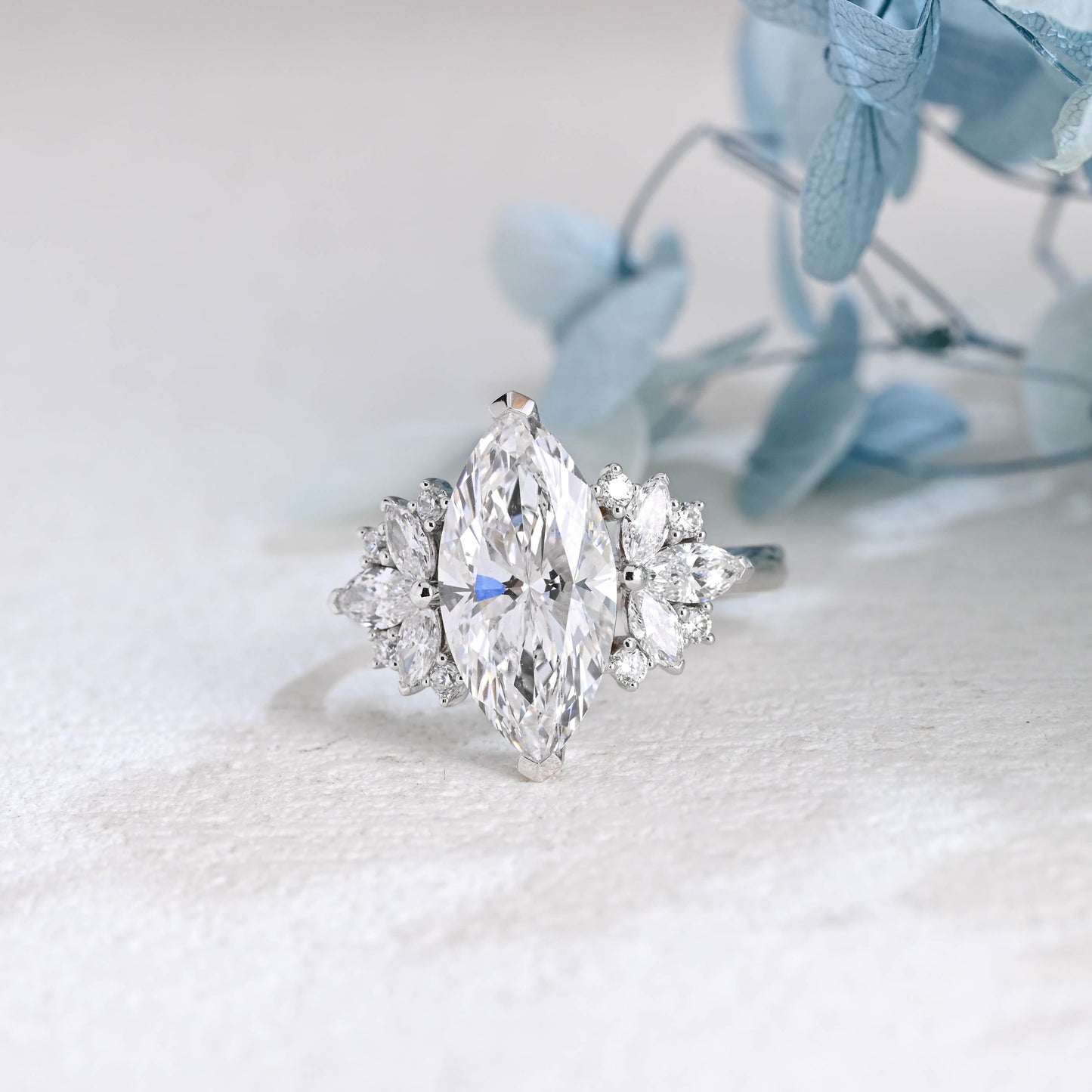 CausYou Marquise cut moissanite engagement ring Solid Gold Side Clister Marquise Cut Moissanite Engagement Ring