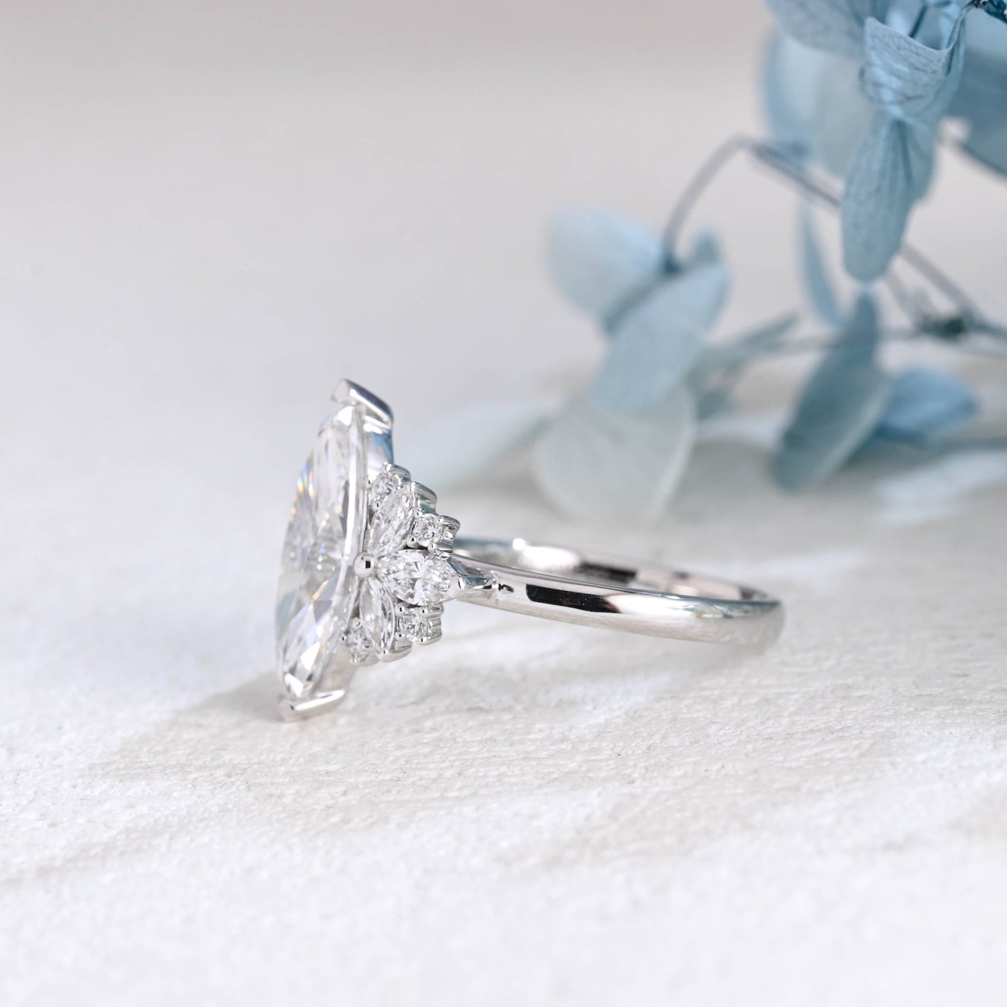 CausYou Marquise cut moissanite engagement ring Solid Gold Side Clister Marquise Cut Moissanite Engagement Ring