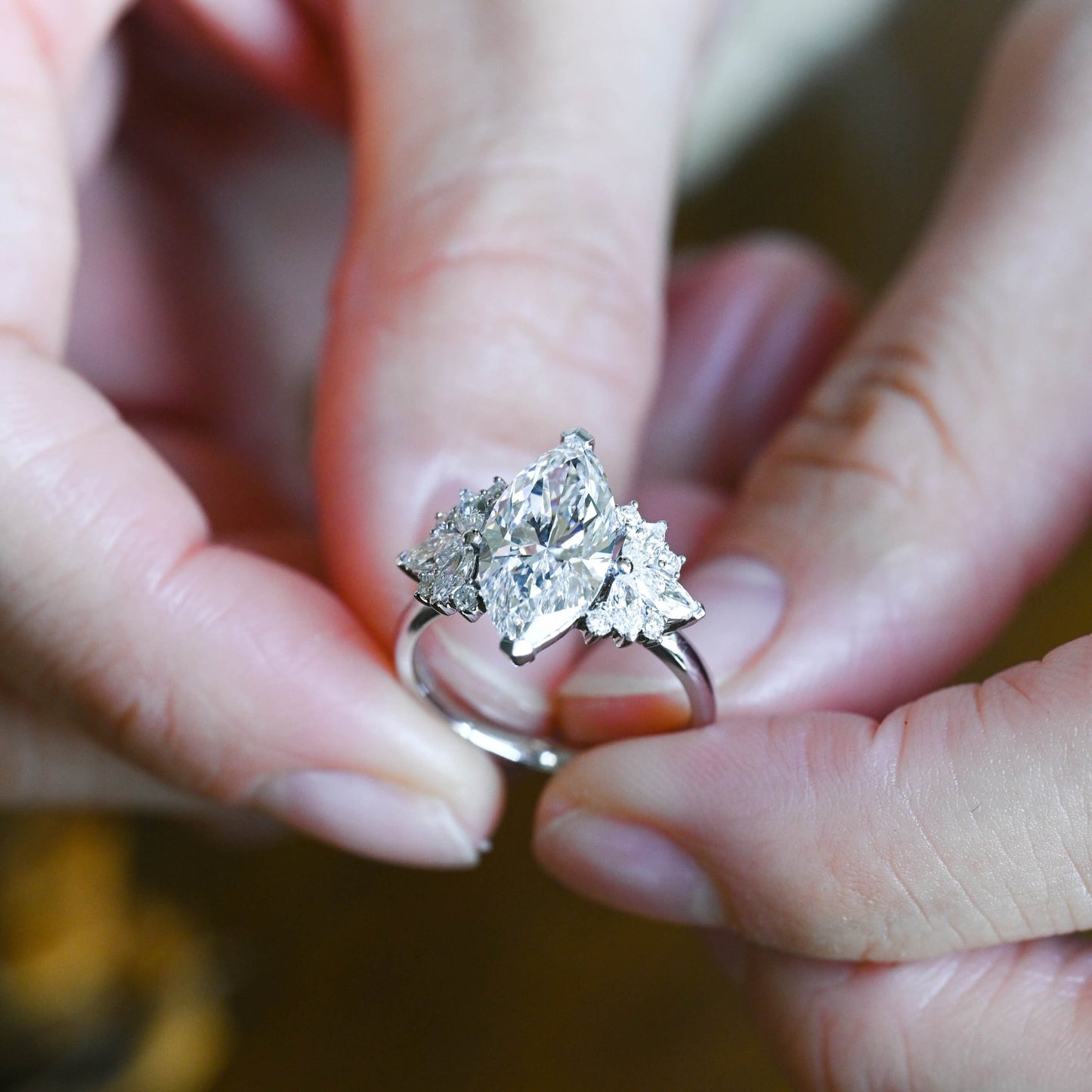 CausYou Marquise cut moissanite engagement ring Solid Gold Side Clister Marquise Cut Moissanite Engagement Ring