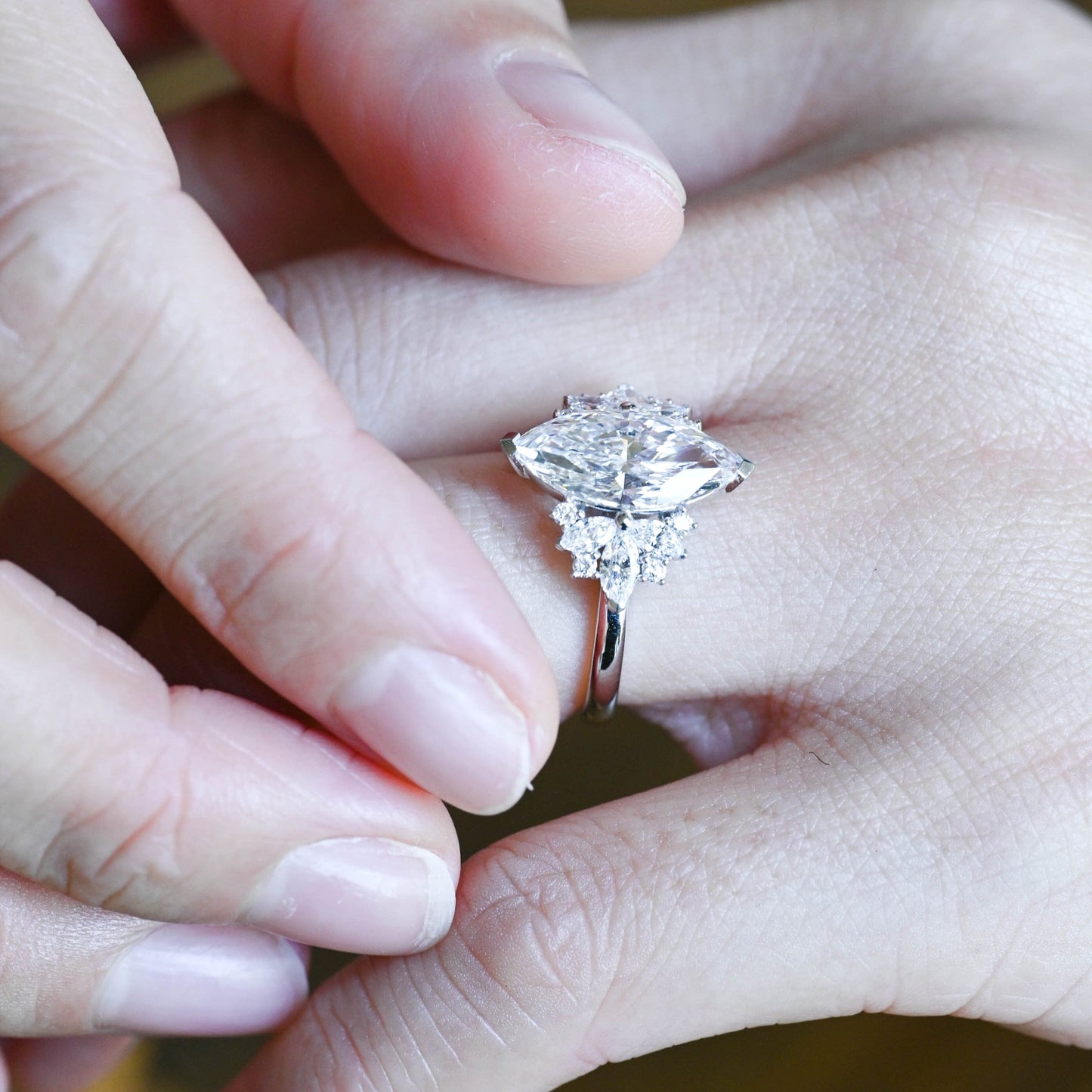 CausYou Marquise cut moissanite engagement ring Solid Gold Side Clister Marquise Cut Moissanite Engagement Ring