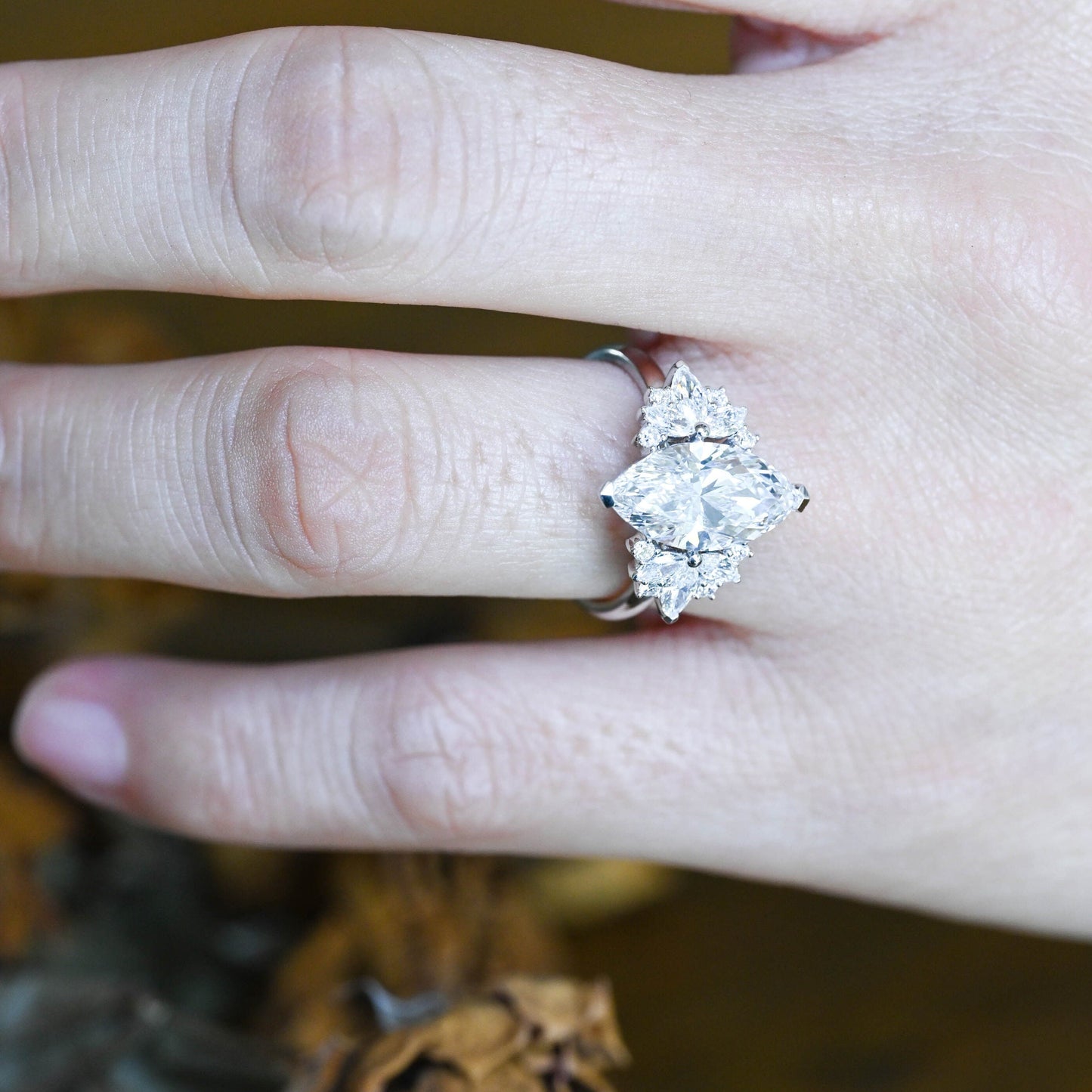 CausYou Marquise cut moissanite engagement ring Solid Gold Side Clister Marquise Cut Moissanite Engagement Ring