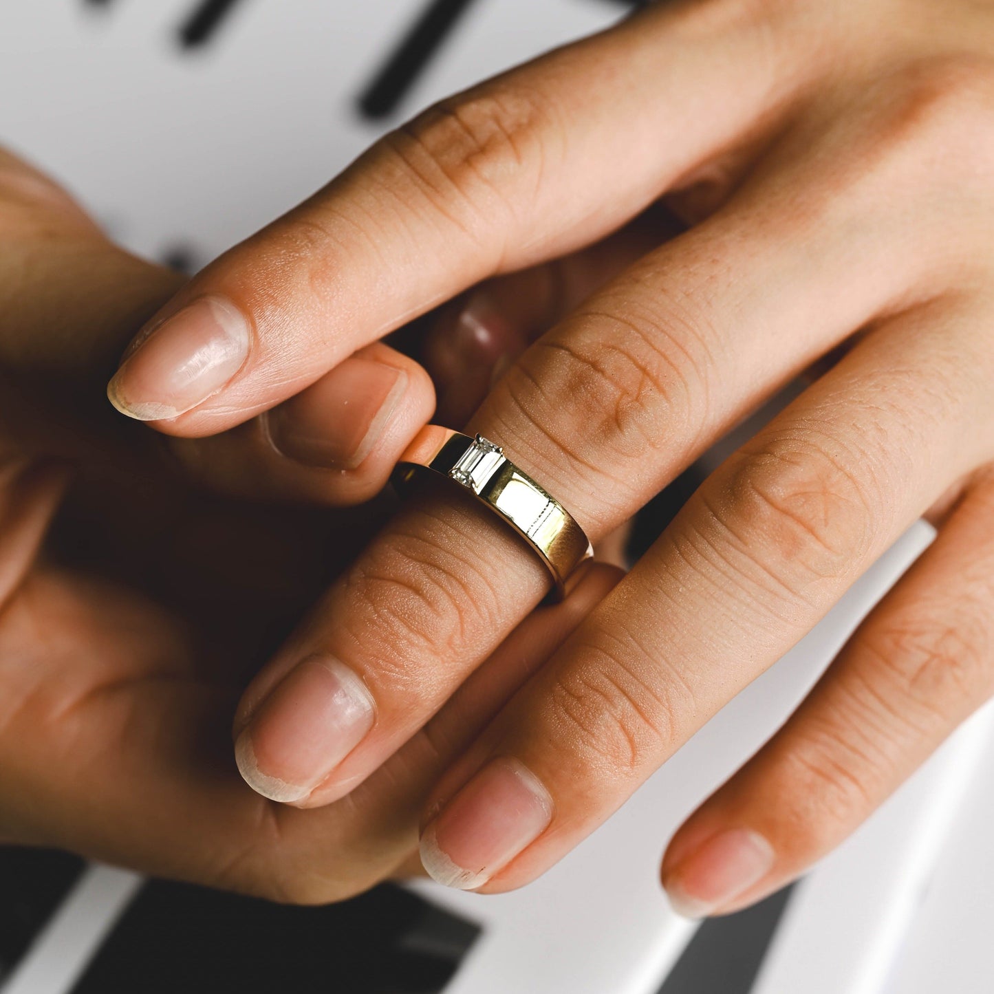 CausYou men's wedding ring CausYou Solid Gold Emerald Cut Lab Grown Diamond Wedding Band, Cigar Band Engagement Ring for Men