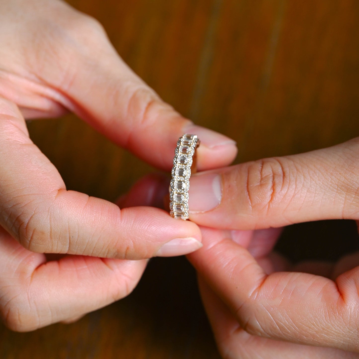CausYou men's wedding ring Solid Gold Half Eternity Emerald Cut Wedding Band for Men