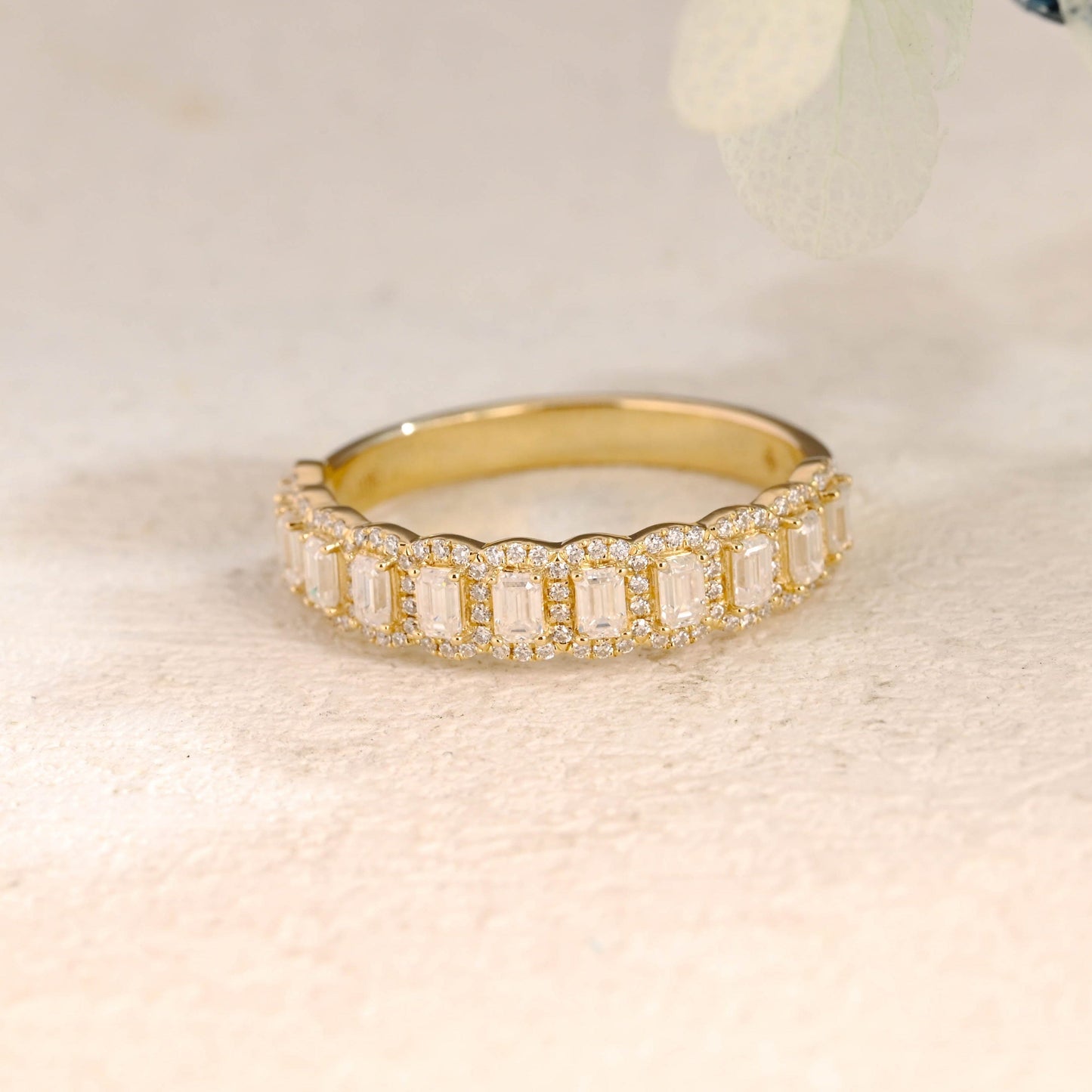 CausYou men's wedding ring Solid Gold Half Eternity Emerald Cut Wedding Band for Men