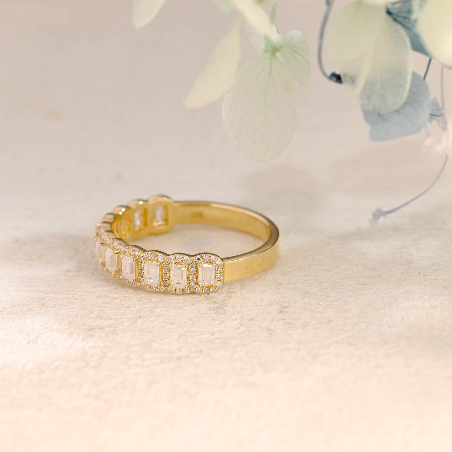 CausYou men's wedding ring Solid Gold Half Eternity Emerald Cut Wedding Band for Men