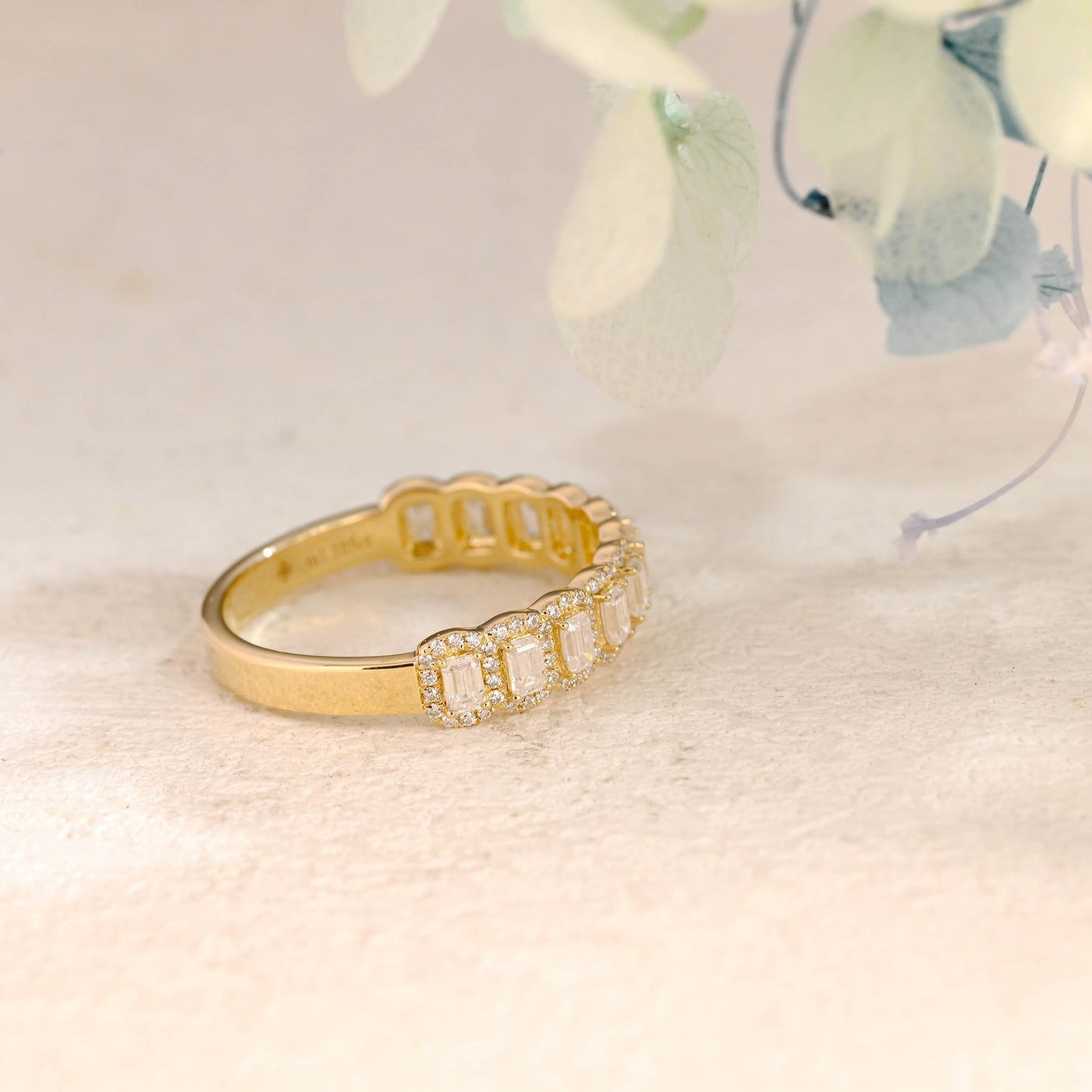 CausYou men's wedding ring Solid Gold Half Eternity Emerald Cut Wedding Band for Men