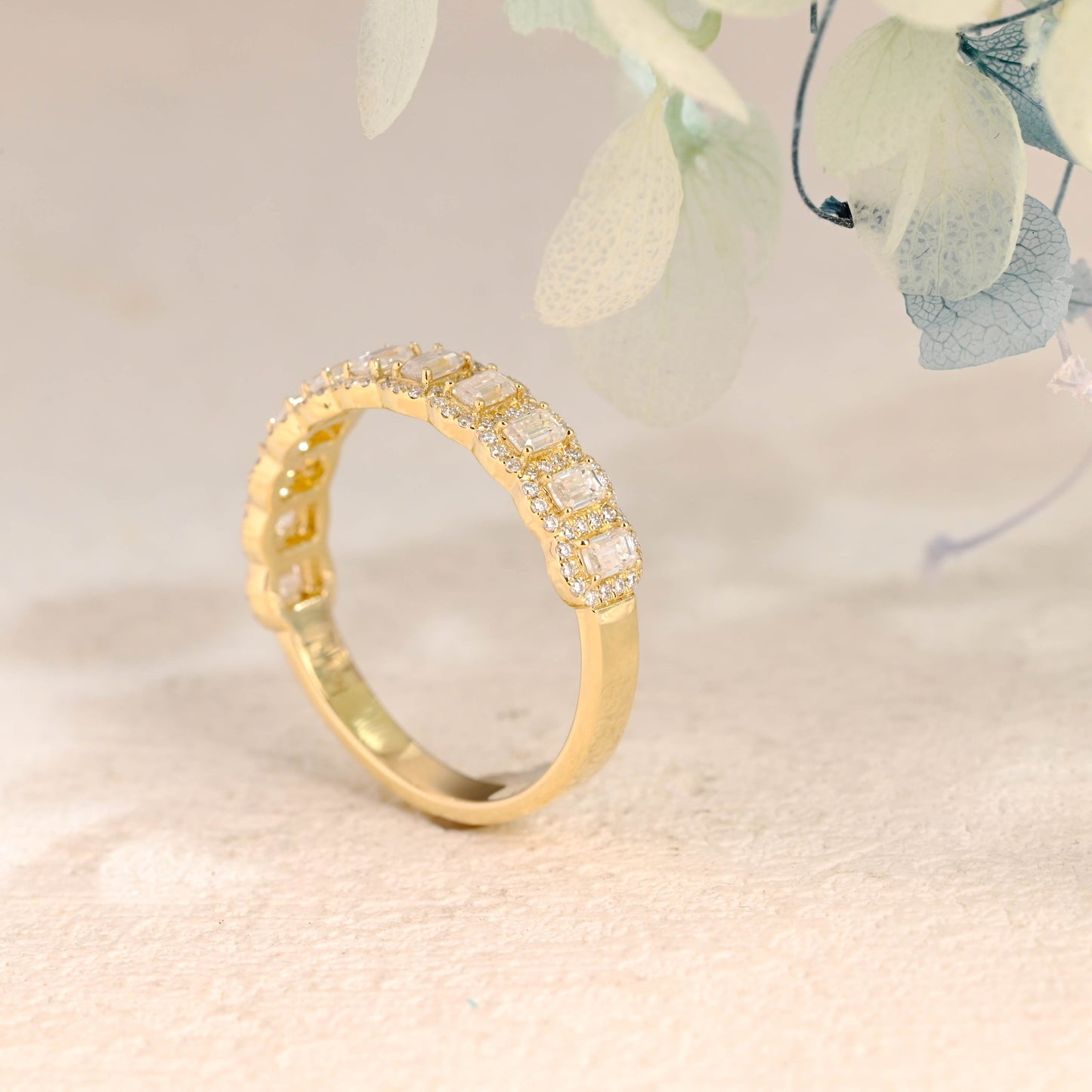 CausYou men's wedding ring Solid Gold Half Eternity Emerald Cut Wedding Band for Men