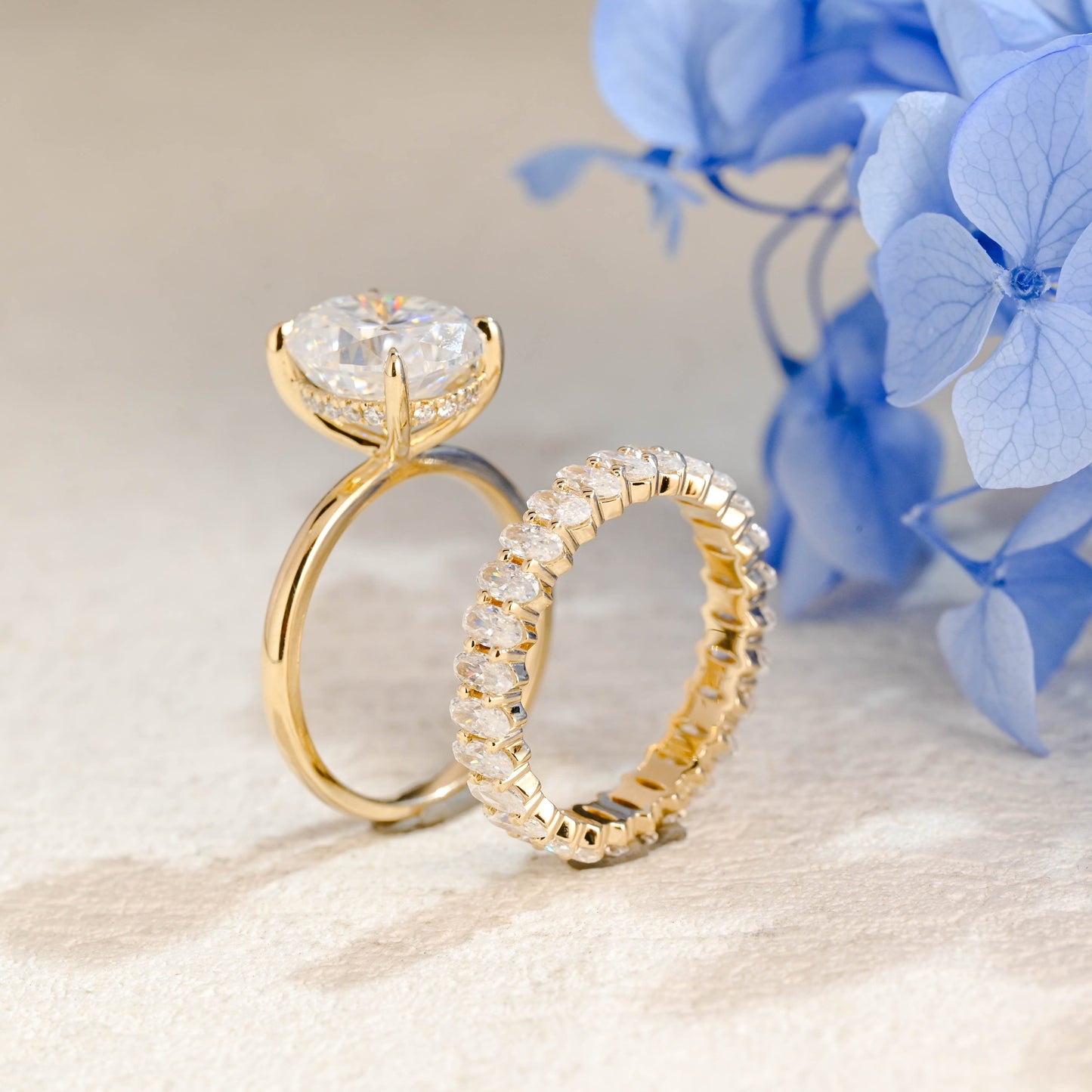 CausYou oval cut bridal set Solid Gold Hidden Halo Oval Cut Moissanite Engagement Ring Set