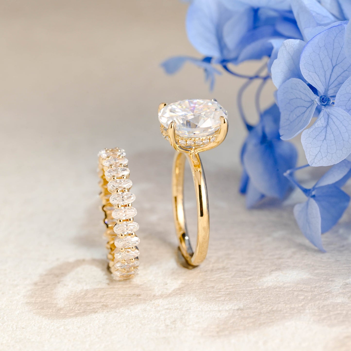 CausYou oval cut bridal set Solid Gold Hidden Halo Oval Cut Moissanite Engagement Ring Set