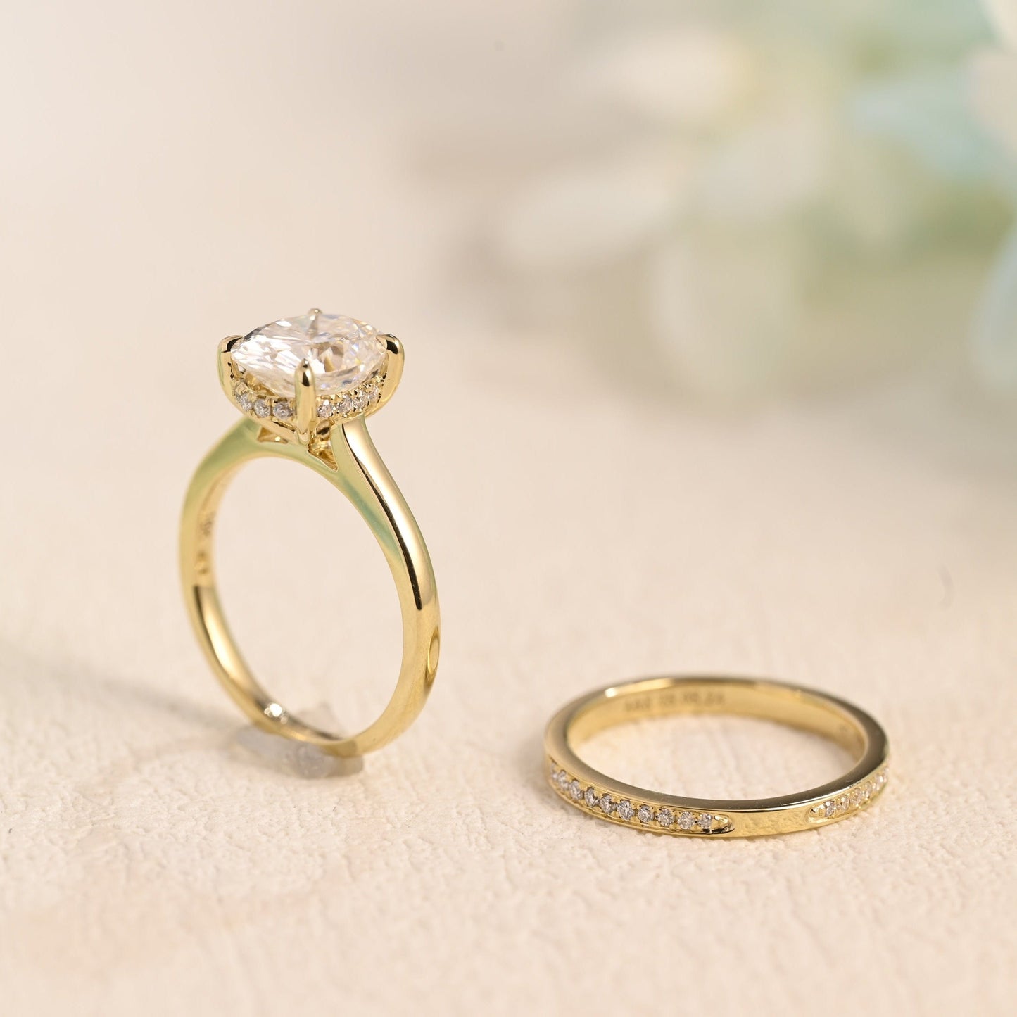 CausYou oval cut bridal set Solid Gold Oval Cut Moissanite Engagement Ring Set Hidden Halo