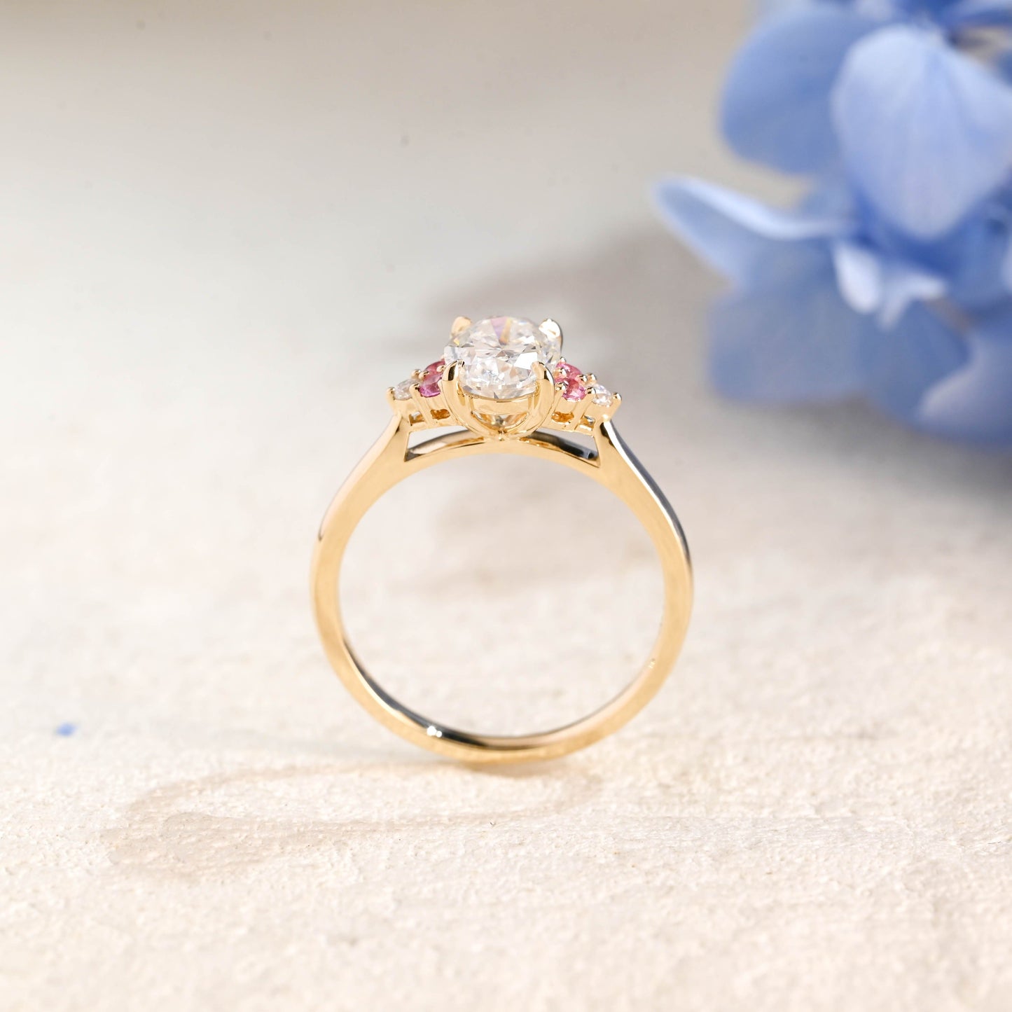 CausYou oval cut moissanite engagement ring Solid Gold Pink Lab Sapphire Side Cluster Oval Cut Moissanite Engagement Ring