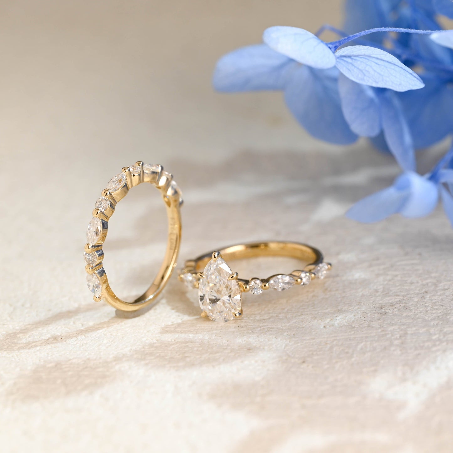 CausYou pear cut bridal set Solid Gold Pear Cut Moissanite Engagement Ring and Wedding Ring Set