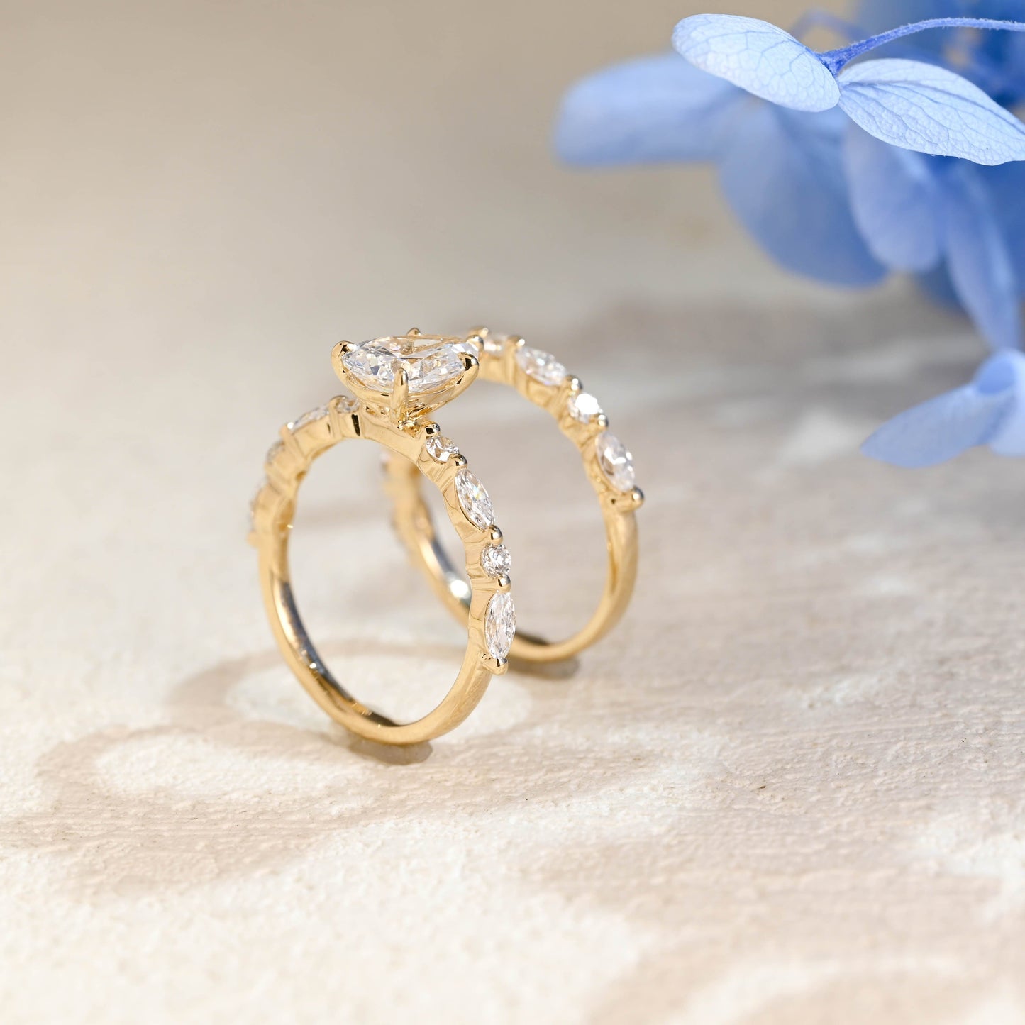 CausYou pear cut bridal set Solid Gold Pear Cut Moissanite Engagement Ring and Wedding Ring Set