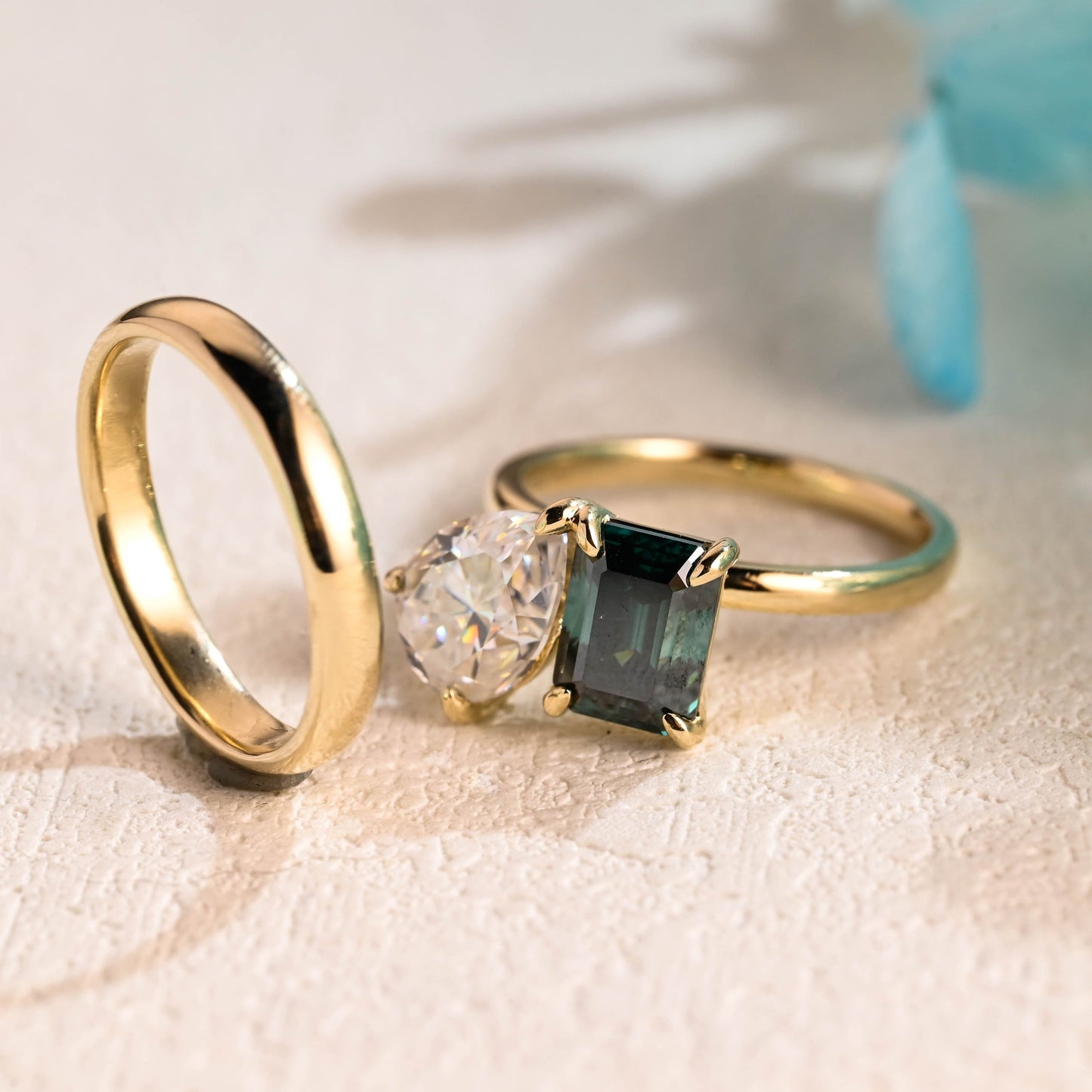 CausYou pear cut bridal set Solid Gold Toi Et Moi Ring, Emerald Cut Green Moissanite & Pear Cut Moissanite Engagement Ring and Wedding Ring Set, Bridal Ring Set