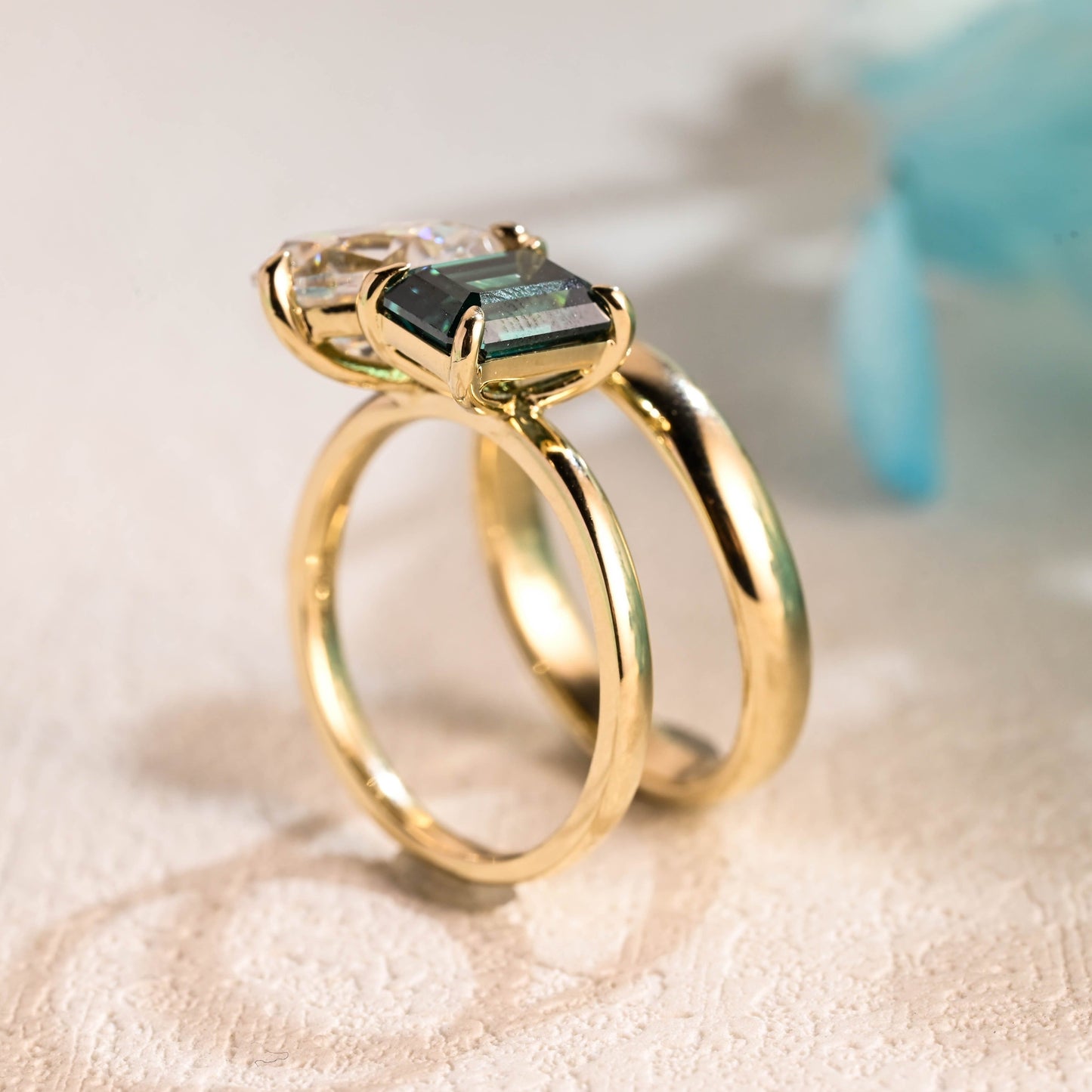 CausYou pear cut bridal set Solid Gold Toi Et Moi Ring, Emerald Cut Green Moissanite & Pear Cut Moissanite Engagement Ring and Wedding Ring Set, Bridal Ring Set