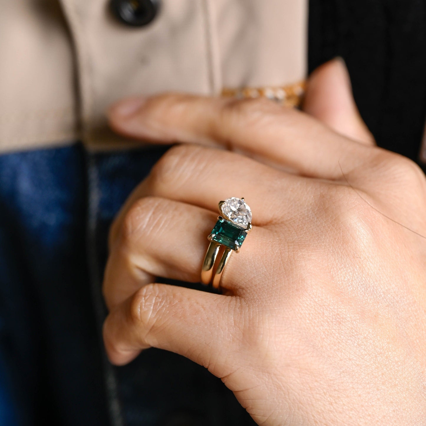 CausYou pear cut bridal set Solid Gold Toi Et Moi Ring, Emerald Cut Green Moissanite & Pear Cut Moissanite Engagement Ring and Wedding Ring Set, Bridal Ring Set